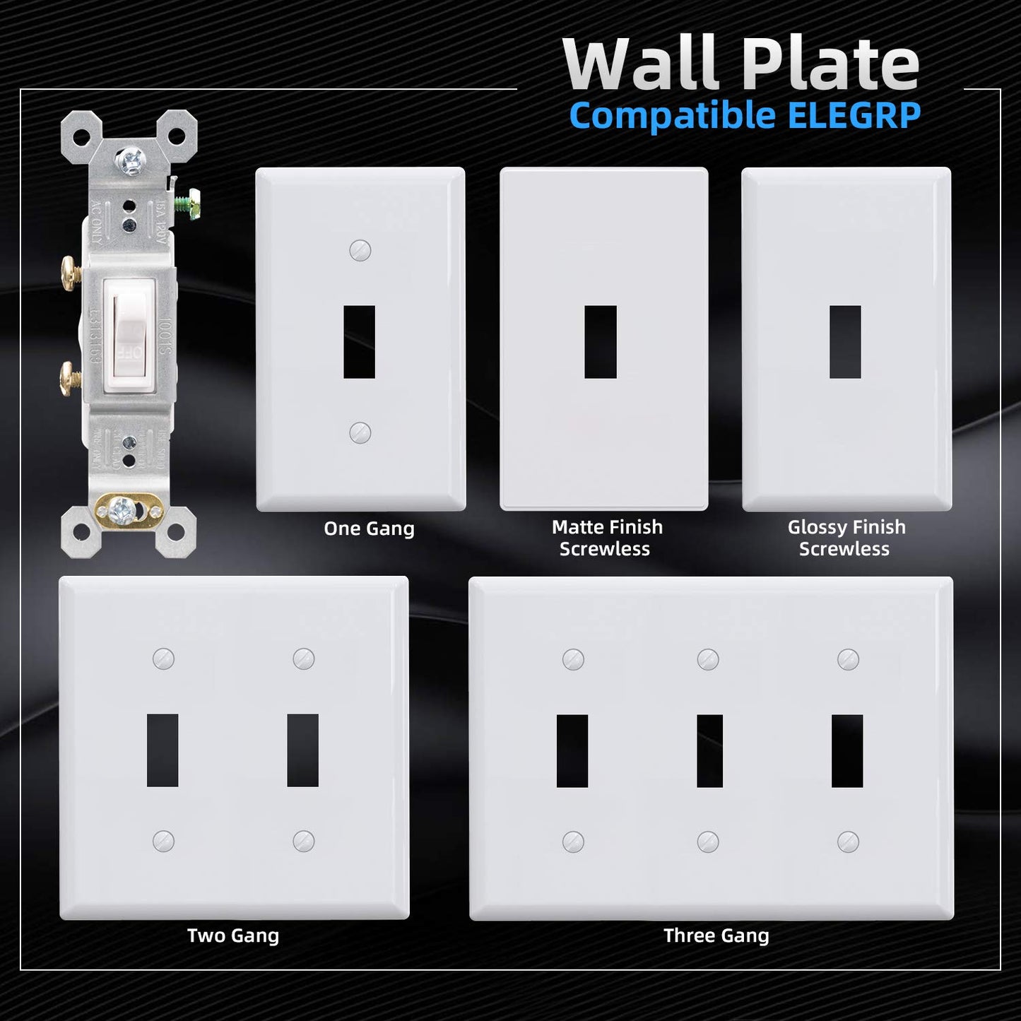 ELEGRP Single Pole Toggle Light Switch, 15 Amp, 120 Volt, Quiet AC Switch, Self-Grounding, Quick Push-in Wiring (10 Pack), UL Listed