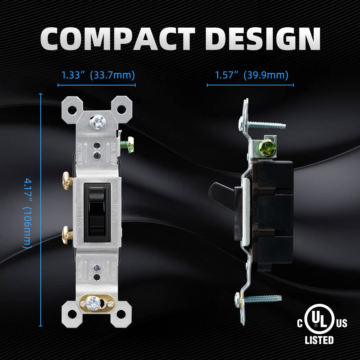 ELEGRP Single Pole Toggle Light Switch, 15 Amp, 120 Volt, Quiet AC Switch, Self-Grounding, Quick Push-in Wiring (10 Pack), UL Listed