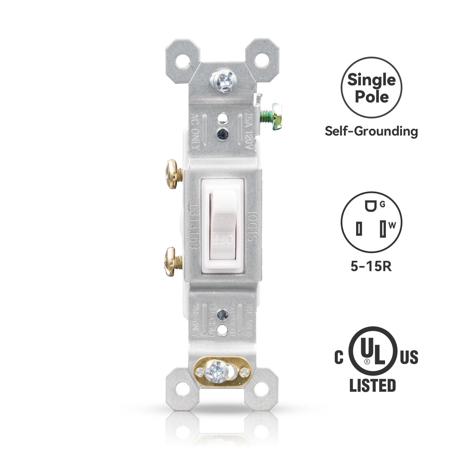 ELEGRP Single Pole Toggle Light Switch, 15 Amp, 120 Volt, Quiet AC Switch, Self-Grounding, Quick Push-in Wiring (10 Pack), UL Listed