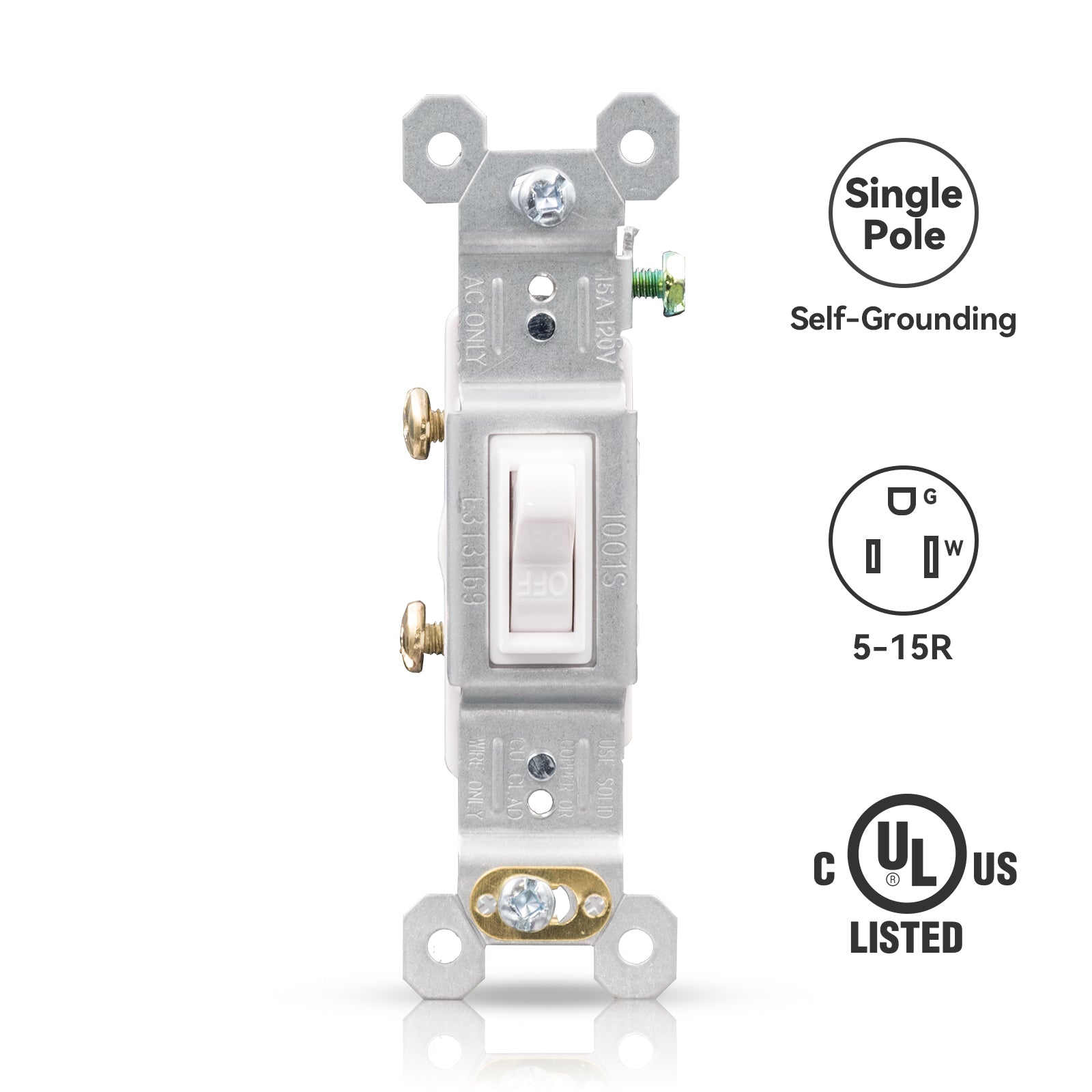 ELEGRP Single Pole Toggle Light Switch, 15 Amp, 120 Volt, Quiet AC Switch, Self-Grounding, Quick Push-in Wiring (10 Pack), UL Listed