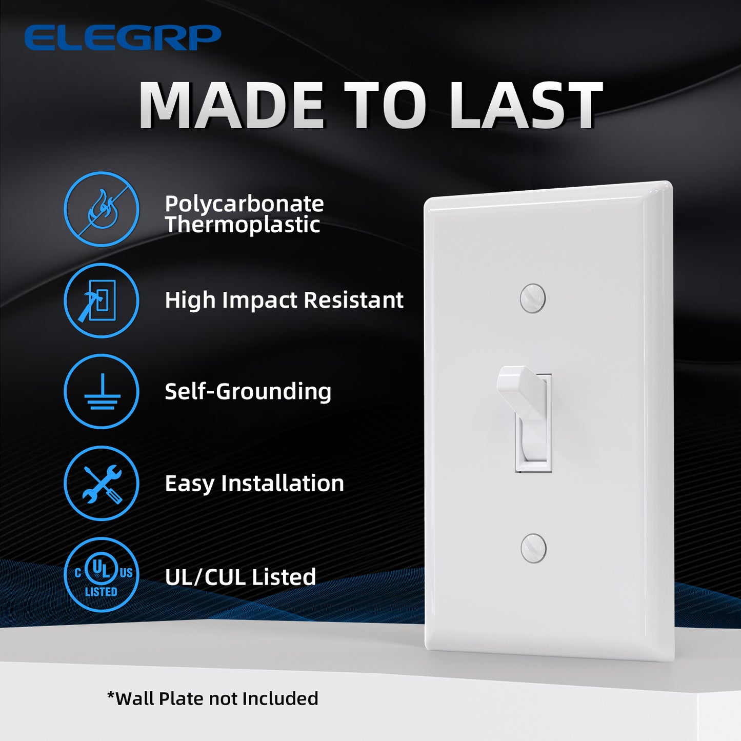 ELEGRP 4-Way Toggle Light Switch, 15 Amp, 120-277V, Quiet On/Off Wall Switch, Self-Grounding, Quick Push-In Wiring, UL Listed (10 Pack)