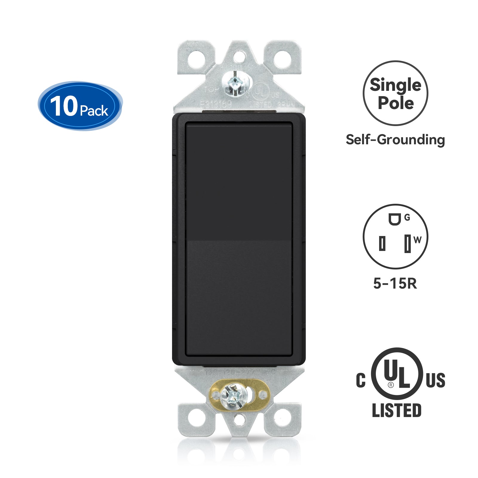 ELEGRP Standard Decorative Single Pole Light Switch, Self-Grounding, 15A 120-277V, Glossy/Matte White or Black, UL Listed, 10 Pack