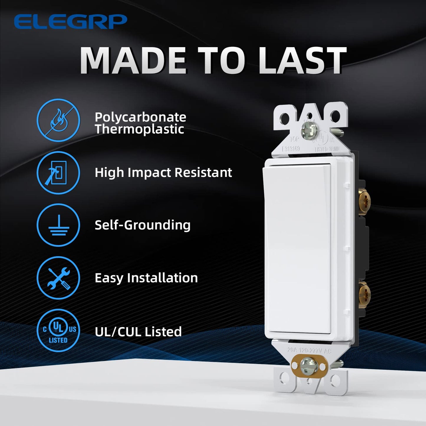 ELEGRP Standard Decorative Single Pole Light Switch, Self-Grounding, 15A 120-277V, Glossy/Matte White or Black, UL Listed, 10 Pack