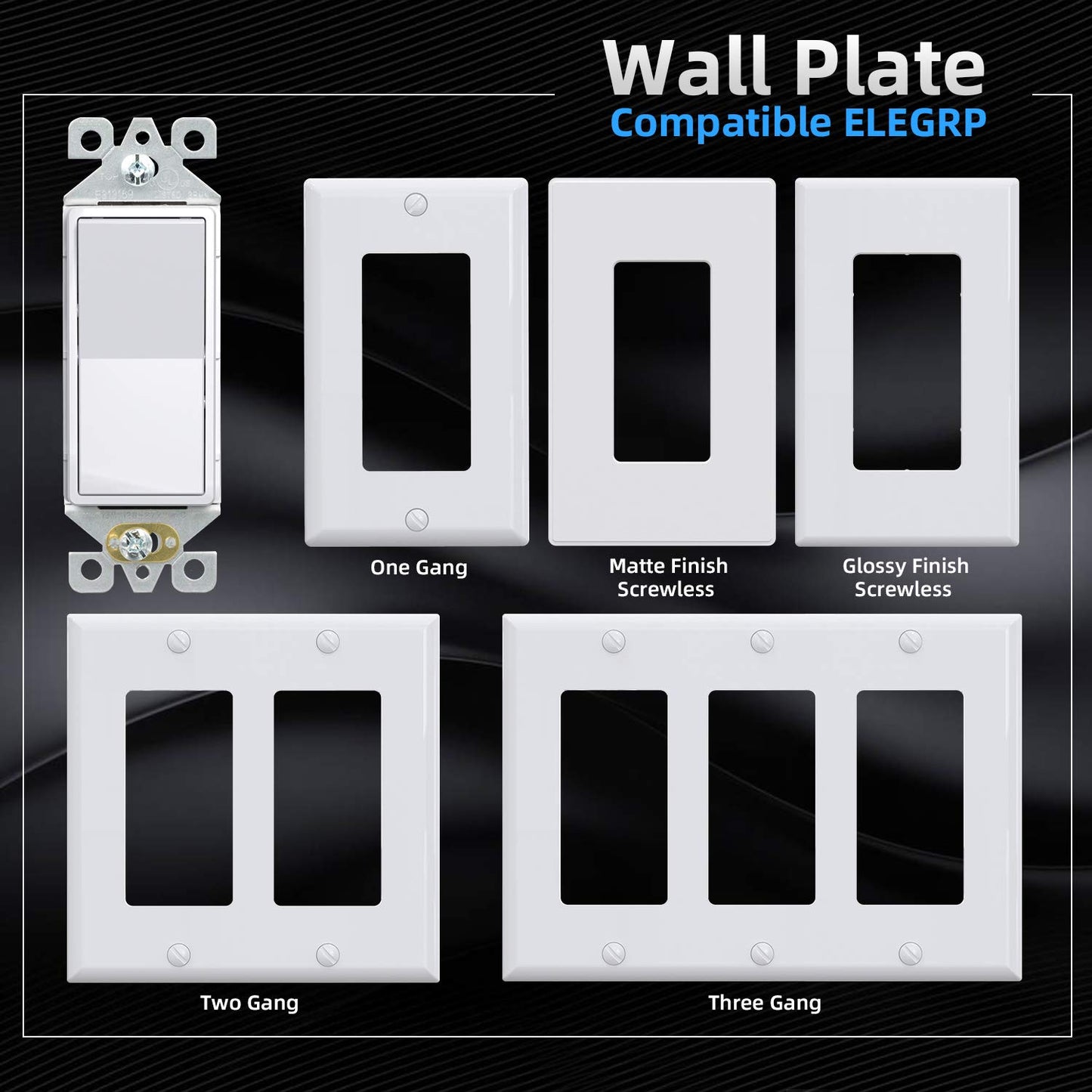 ELEGRP Standard Decorative Single Pole Light Switch, Self-Grounding, 15A 120-277V, Glossy/Matte White or Black, UL Listed, 10 Pack
