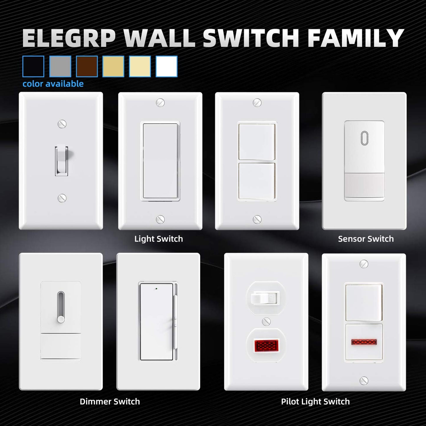 ELEGRP Standard Decorative Single Pole Light Switch, Self-Grounding, 15A 120-277V, Glossy/Matte White or Black, UL Listed, 10 Pack
