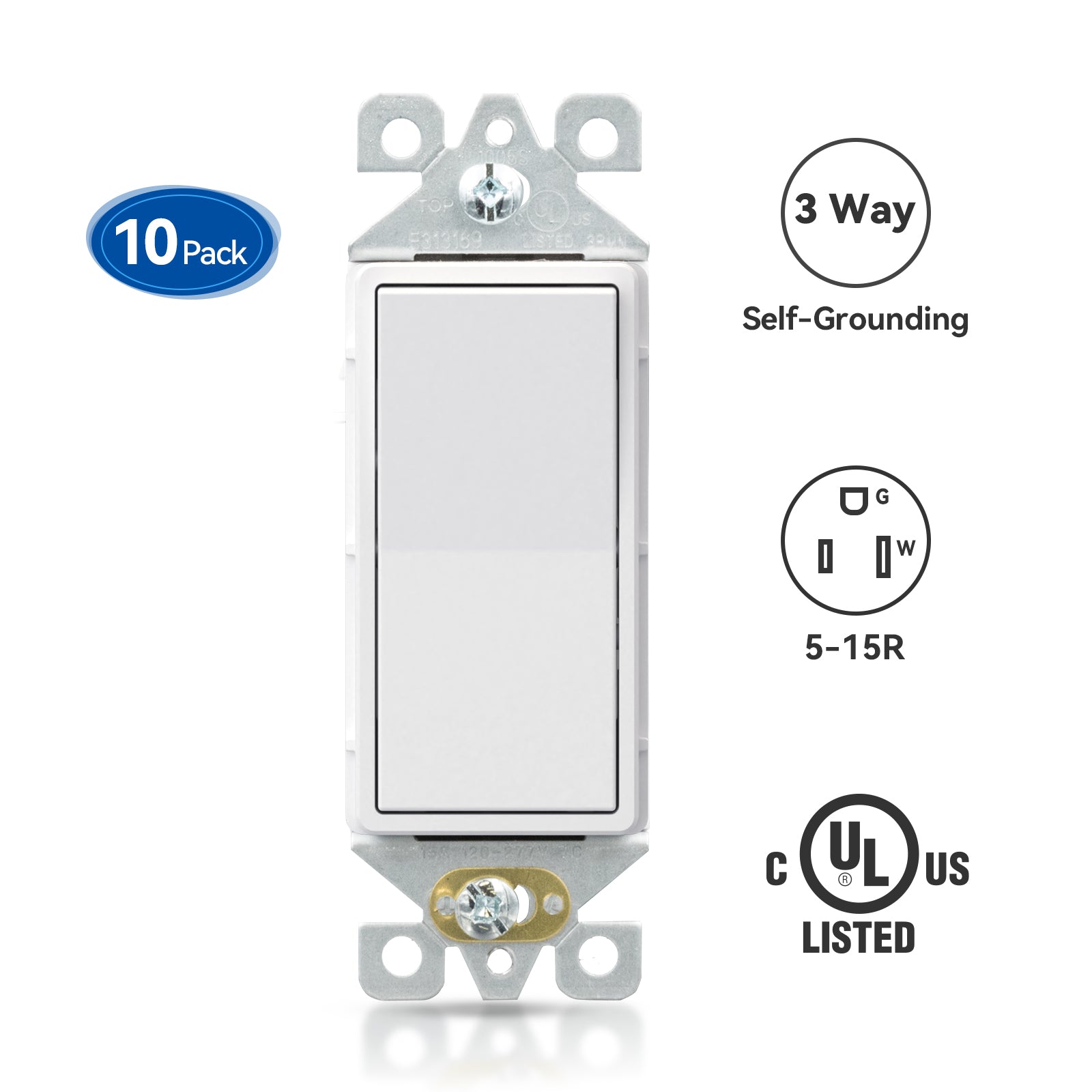 ELEGRP Decorative Light Switch, 3-Way, Self-Grounding, 15A 120-277V, UL Listed, 10 Pack