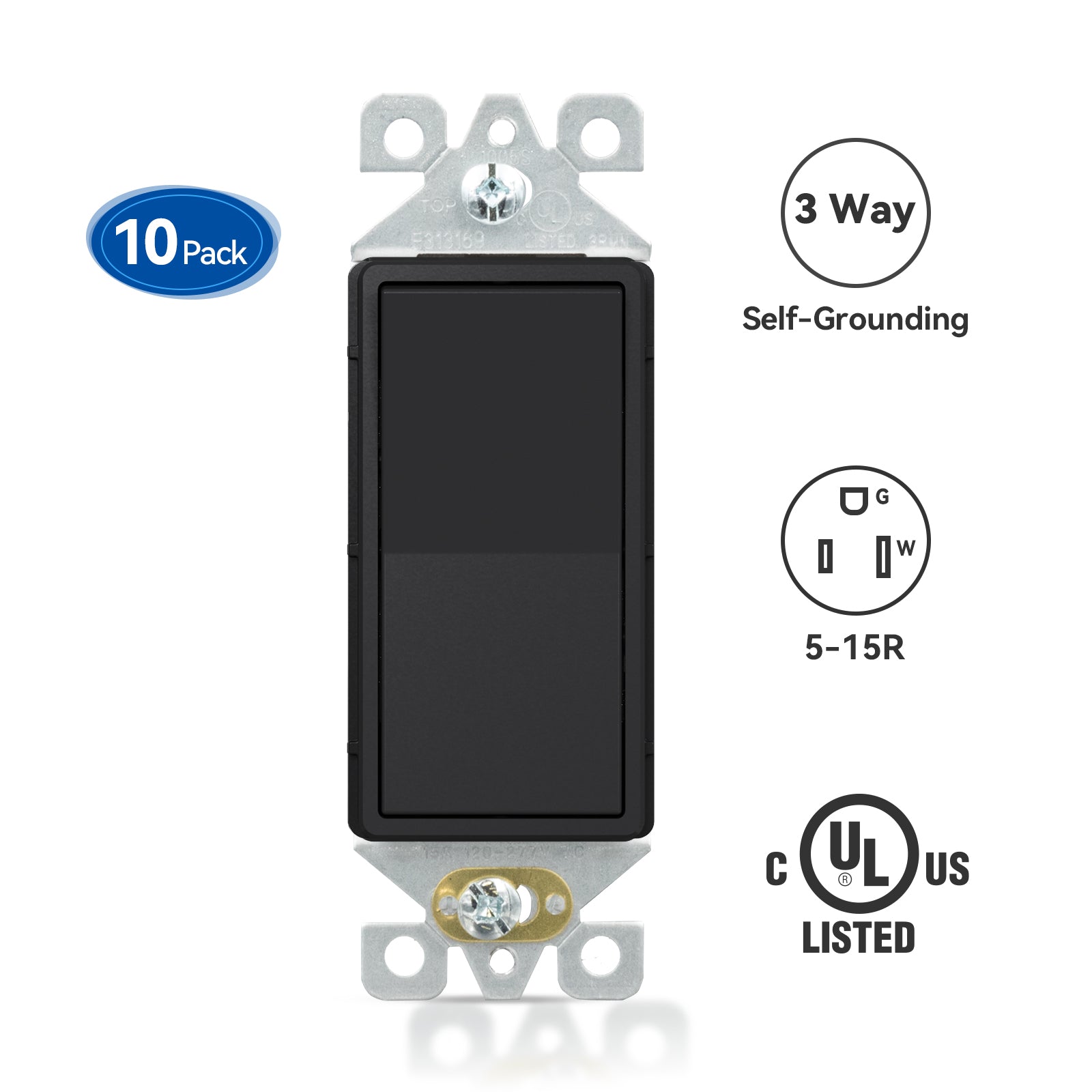 ELEGRP Decorative Light Switch, 3-Way, Self-Grounding, 15A 120-277V, UL Listed, 10 Pack