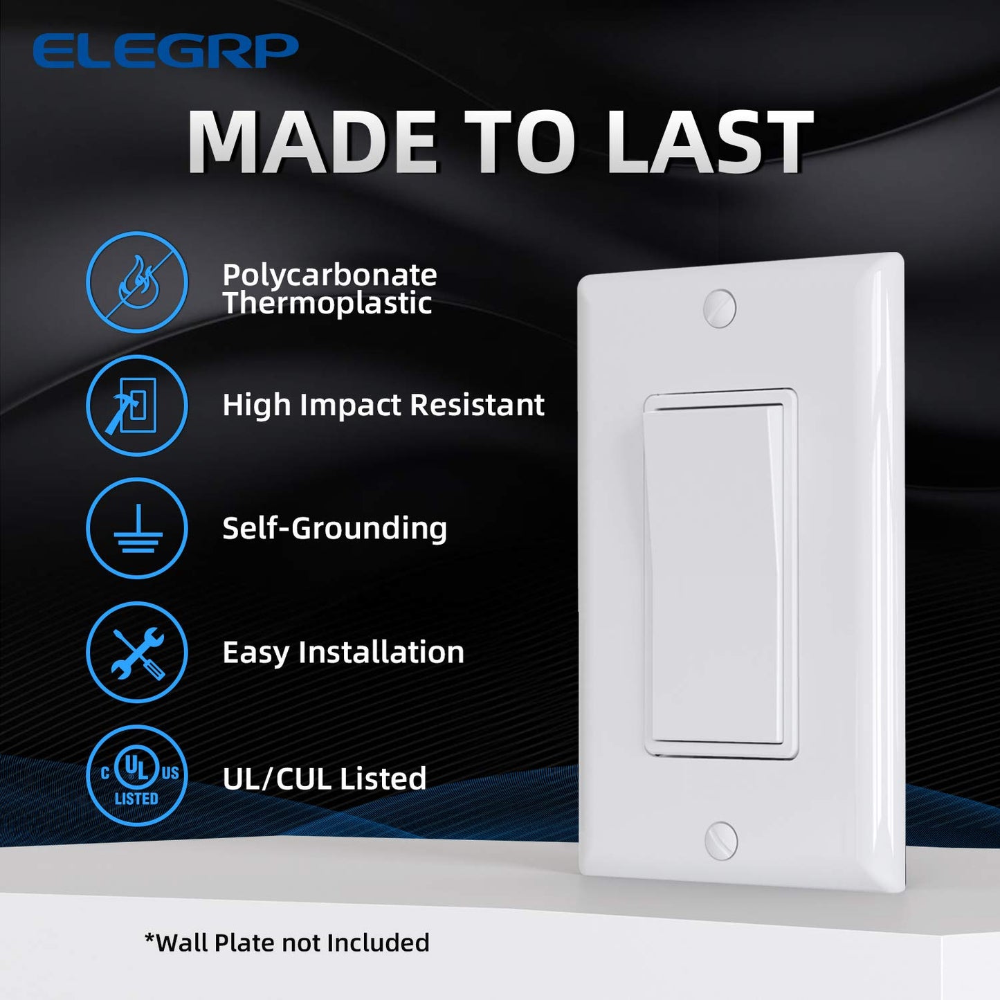 ELEGRP 4-Way Decorative Light Switch, 15A 120/277V, Self-Grounding, Quick Push-In Wiring, Rocker Paddle Wall Switch Replacement, UL Listed (10 Pack)
