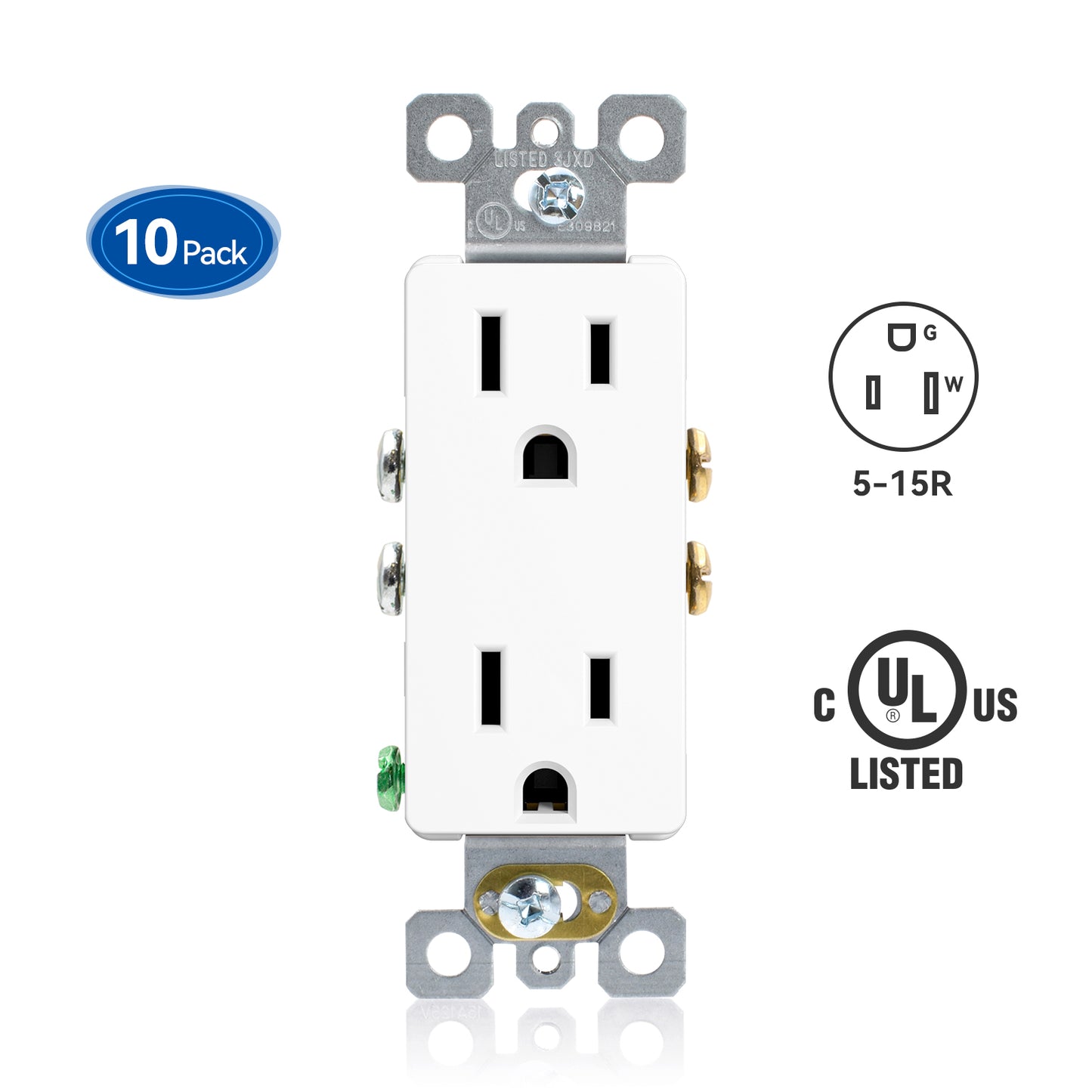 ELEGRP Decorative Outlets, 2 Pole 3 Wire Grounding, 15A 125V, TR or Standard Receptacle for Residential Use, Matte Finish (10 Pack)