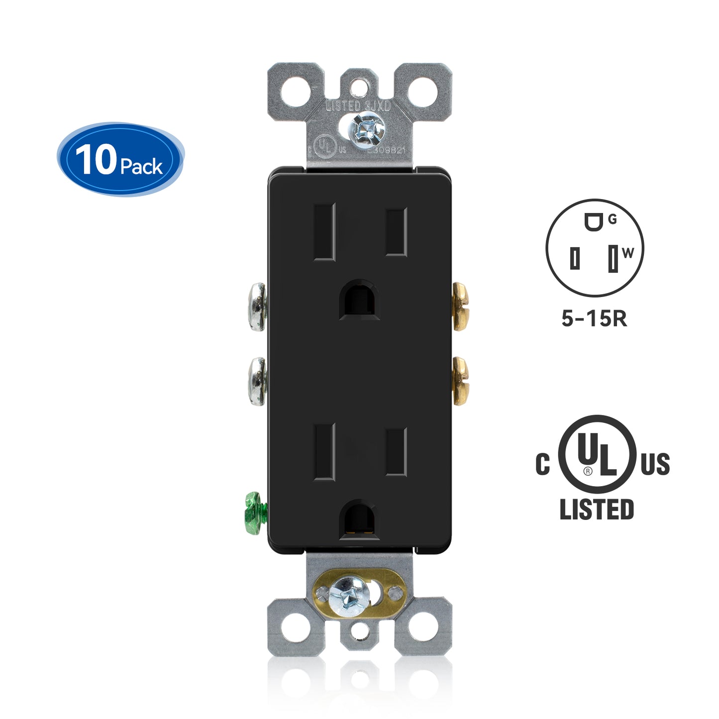 ELEGRP Decorative Outlets, 2 Pole 3 Wire Grounding, 15A 125V, TR or Standard Receptacle for Residential Use, Matte Finish (10 Pack)