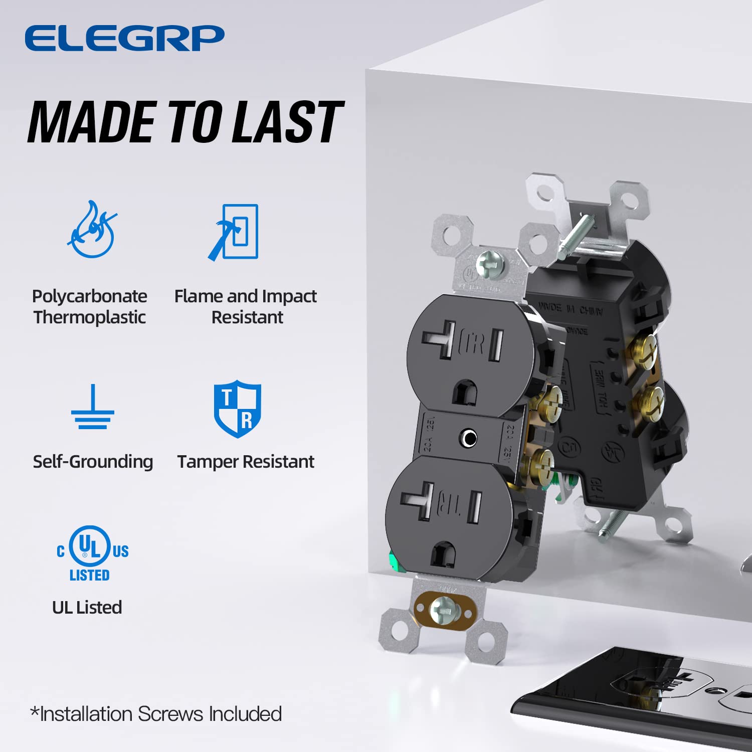 ELEGRP Duplex Outlets, 20A 125V, TR & WR, Tamper-Resistant and Weatherproof, 2 Pole 3 Wire, Back and Side Wiring, UL Listed