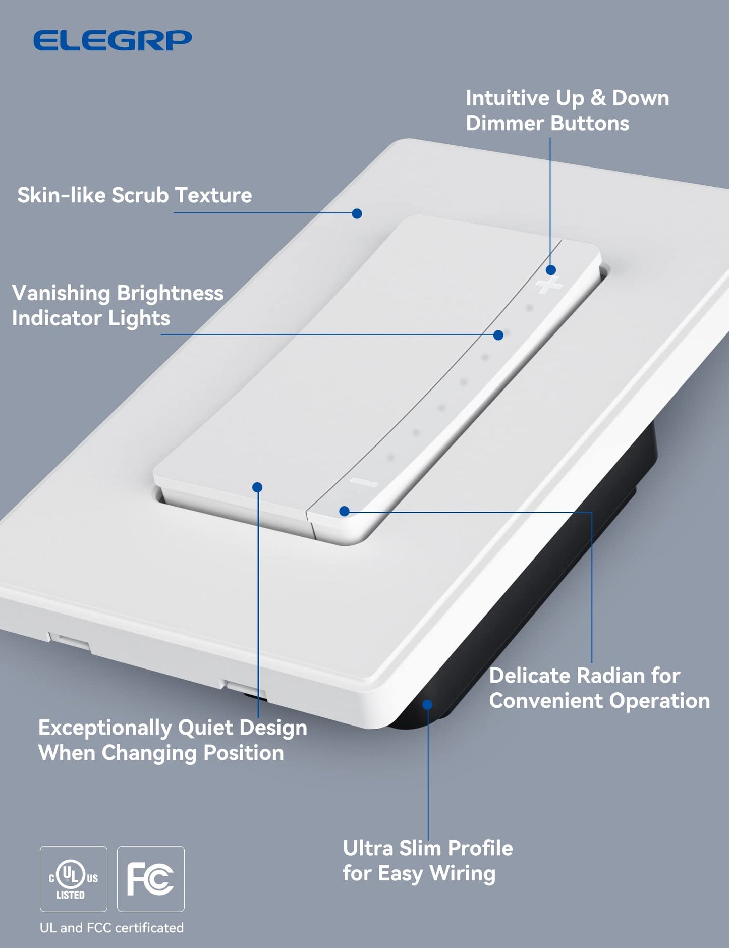 ELEGRP Smart Rocker Dimmer Switch, Single Pole or 3-Way, 2.4GHz Wi-Fi, Alexa & Google Assistant Compatible, Remote & Voice Control, UL Listed