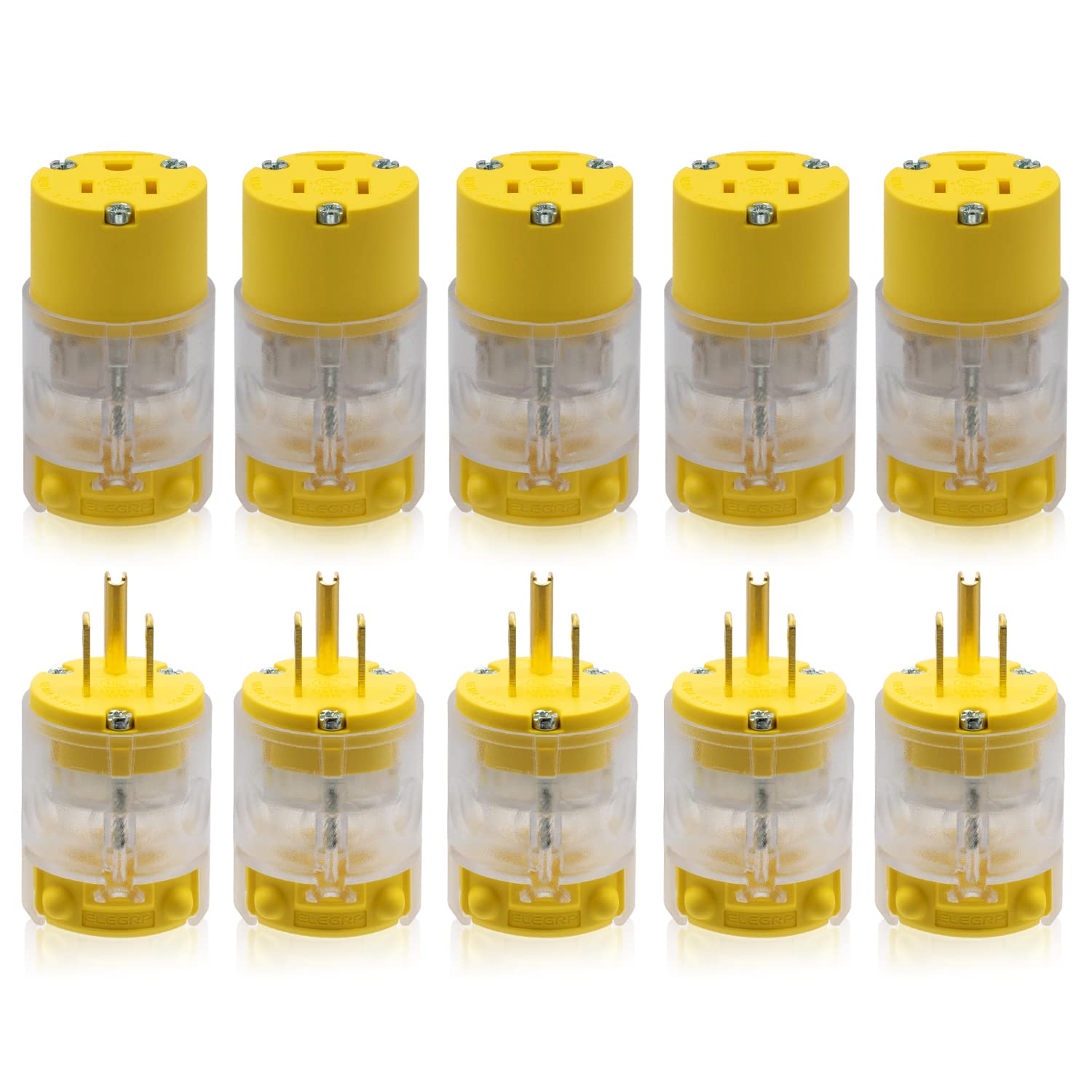 ELEGRP Lighted Electrical Plug and Connector Set, 15A 125V, NEMA 5-15P & NEMA 5-15R, 2 Pole 3 Wire Grounding, Commercial Grade, Yellow