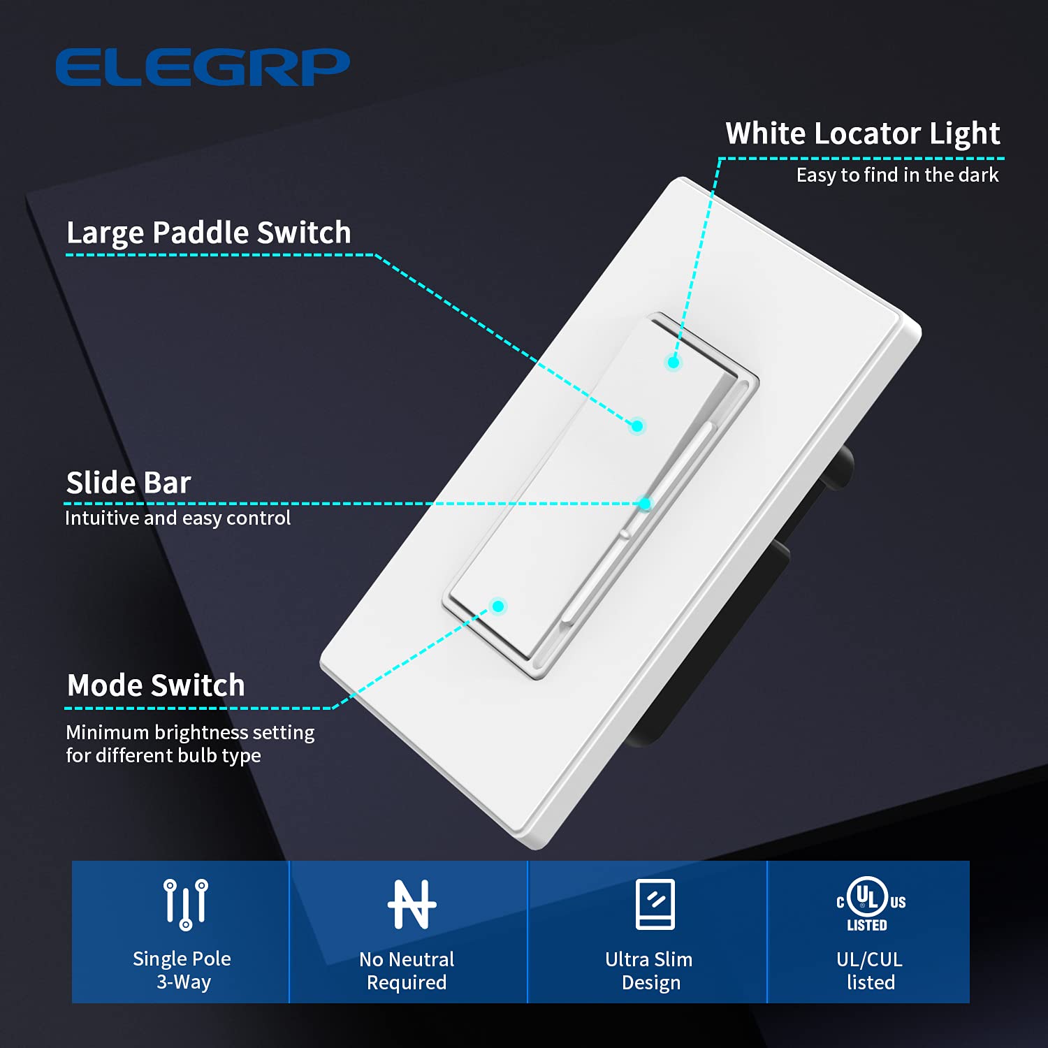 ELEGRP Digital Slide Dimmer Switch, Single-Pole/3-Way, for LED, CFL, Incandescent Bulbs, Wall Plate Included, UL Listed