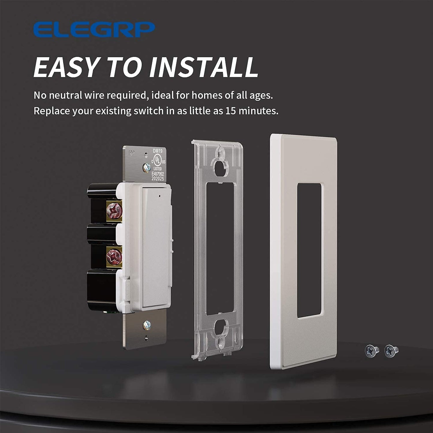 ELEGRP Digital Slide Dimmer Switch, Single-Pole/3-Way, for LED, CFL, Incandescent Bulbs, Wall Plate Included, UL Listed