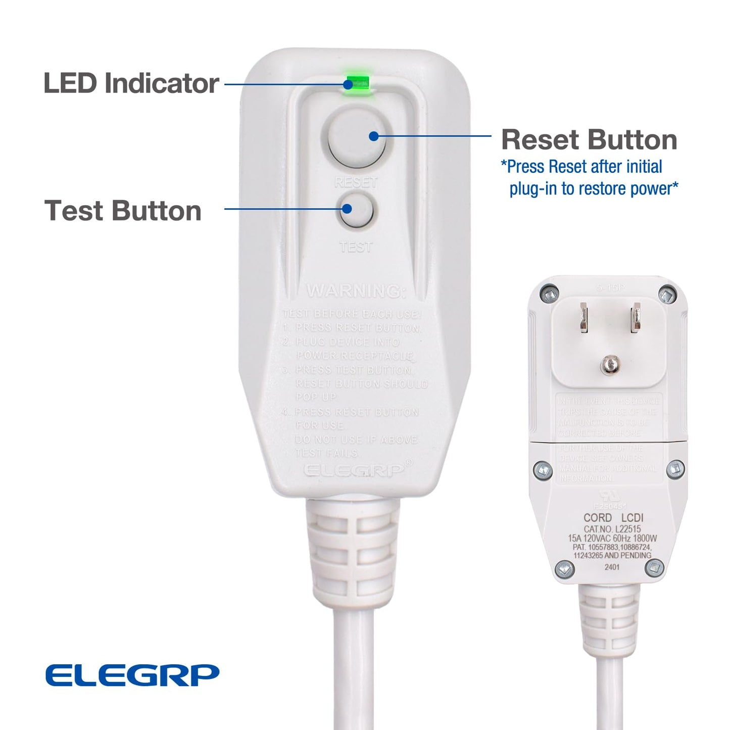 ELEGRP 14AWG LCDI Power Cord Plug for Air Conditioner, 7.5FT, 120V 15A, 1800W, Leakage Detection, NEMA 5-15P, UL Certified