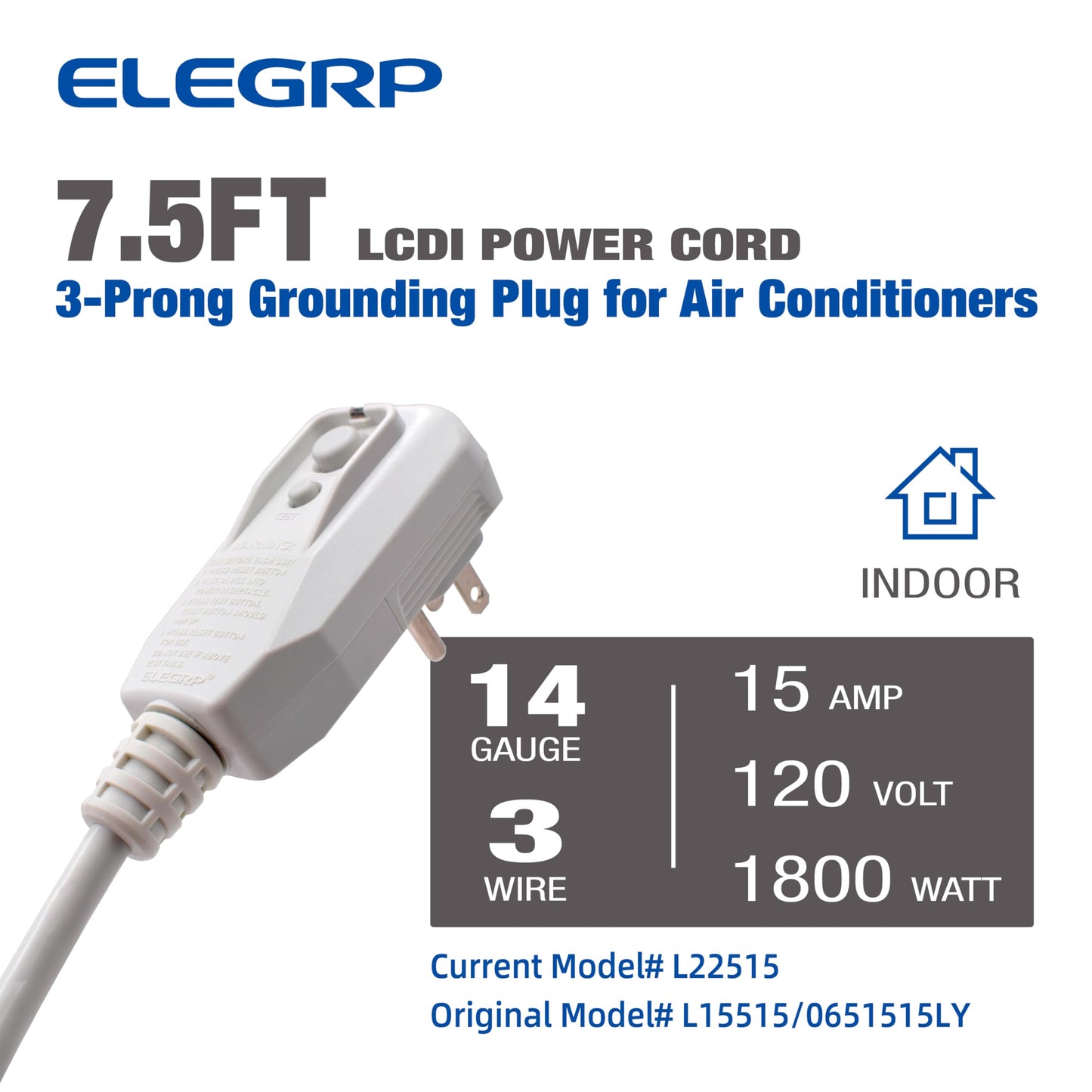 ELEGRP 14AWG LCDI Power Cord Plug for Air Conditioner, 7.5FT, 120V 15A, 1800W, Leakage Detection, NEMA 5-15P, UL Certified