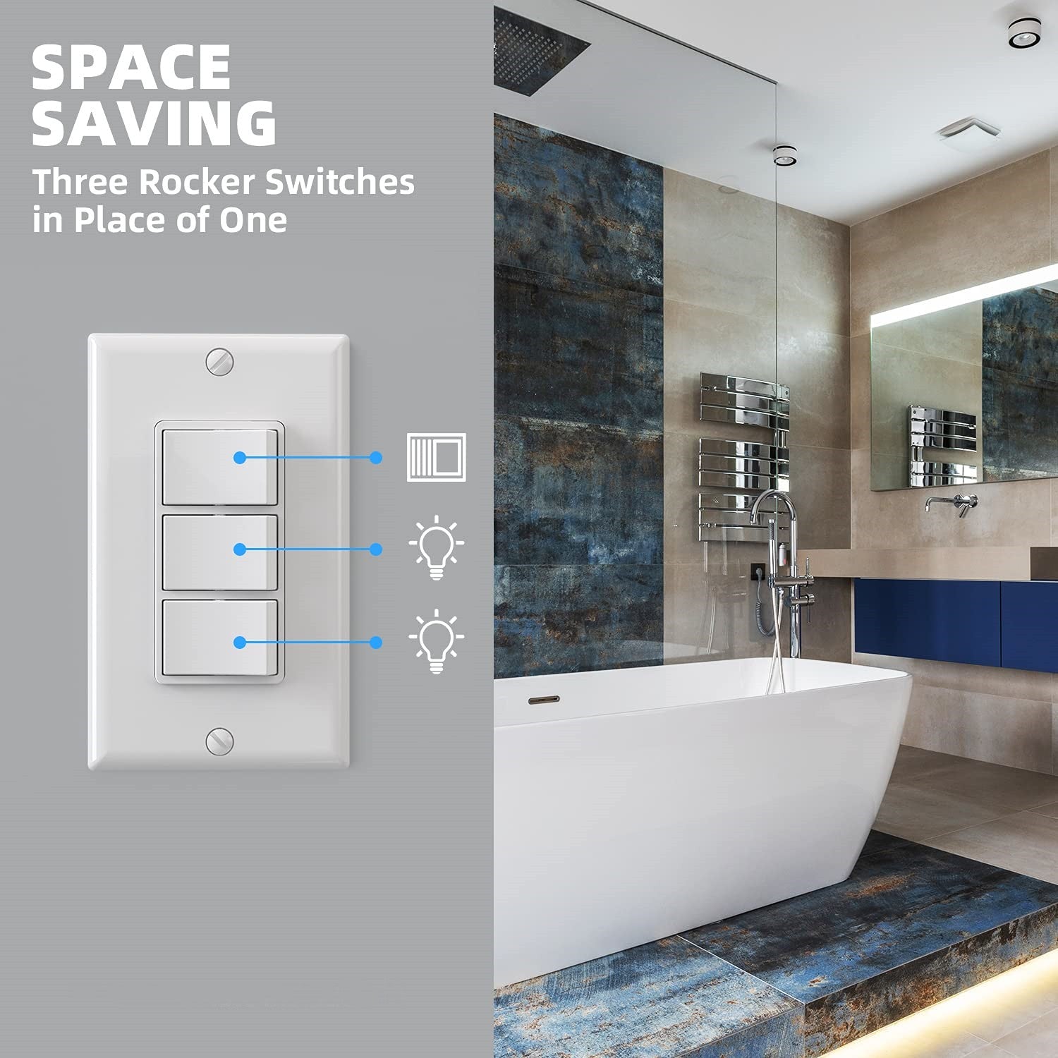 ELEGRP Combination Light Switch, 3 Single Pole Decorative Switches, 15A 125V, Wall Plate Included, Durable Thermoplastic, Easy Installation