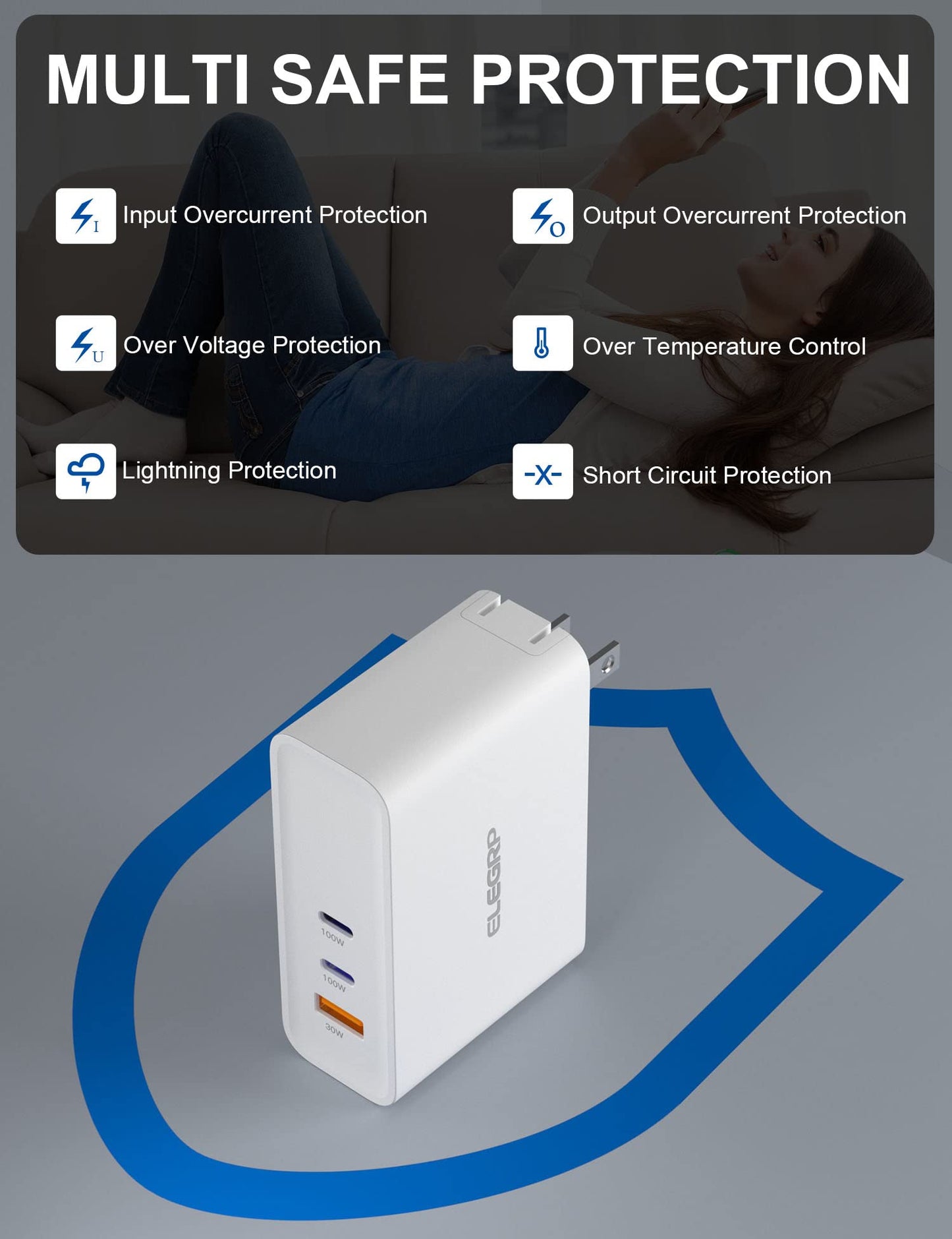 🔥 50% OFF🔥 ELEGRP USB C 120W GaN Charger, Dual Port PD Power Delivery Fast Type C Charging Block, USB A Wall Charger with Foldable Plug for MacBook Pro/Air/iPhone /iPad Pro/Galaxy, Pixel, Laptops