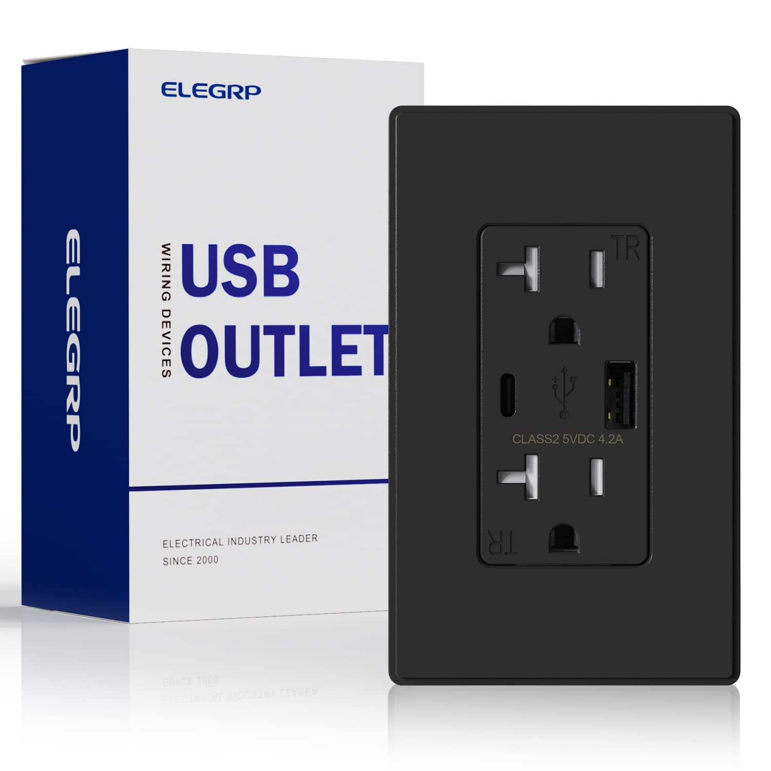 ELEGRP USB Charger Wall Outlet, Dual USB Ports (Type A & C), 4.2A USB Receptacle, Tamper Resistant, 15A/20A, UL Listed
