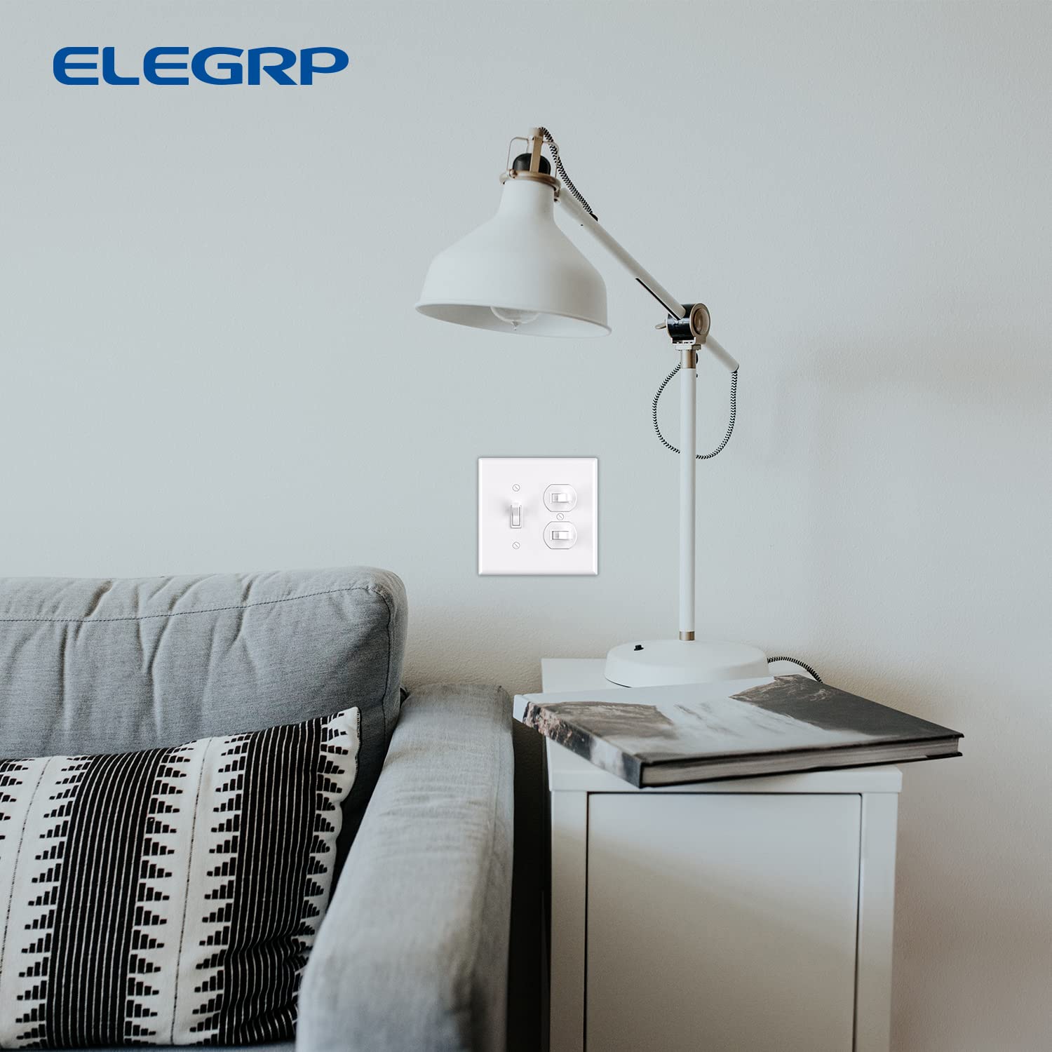 ELEGRP 1-Toggle Light Switch & 1-Duplex Outlet Wall Plate Cover, Mid-Size 4.88" x 4.94", Unbreakable Thermoplastic, Gloss Finish, UL Listed