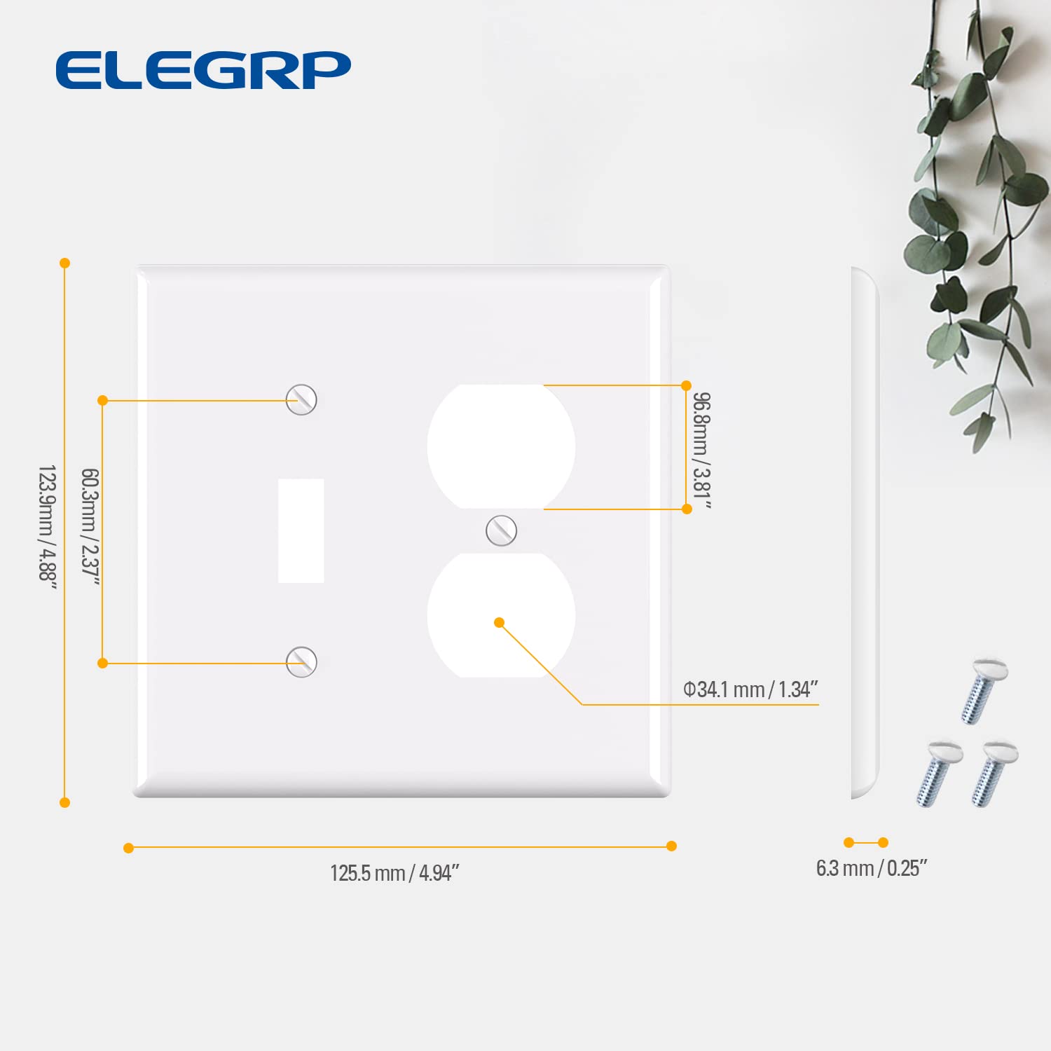 ELEGRP 1-Toggle Light Switch & 1-Duplex Outlet Wall Plate Cover, Mid-Size 4.88" x 4.94", Unbreakable Thermoplastic, Gloss Finish, UL Listed