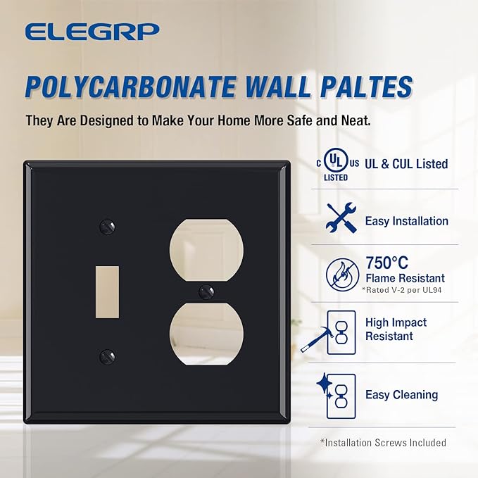 ELEGRP 1-Toggle Light Switch & 1-Duplex Outlet Wall Plate Cover, Mid-Size 4.88" x 4.94", Unbreakable Thermoplastic, Gloss Finish, UL Listed