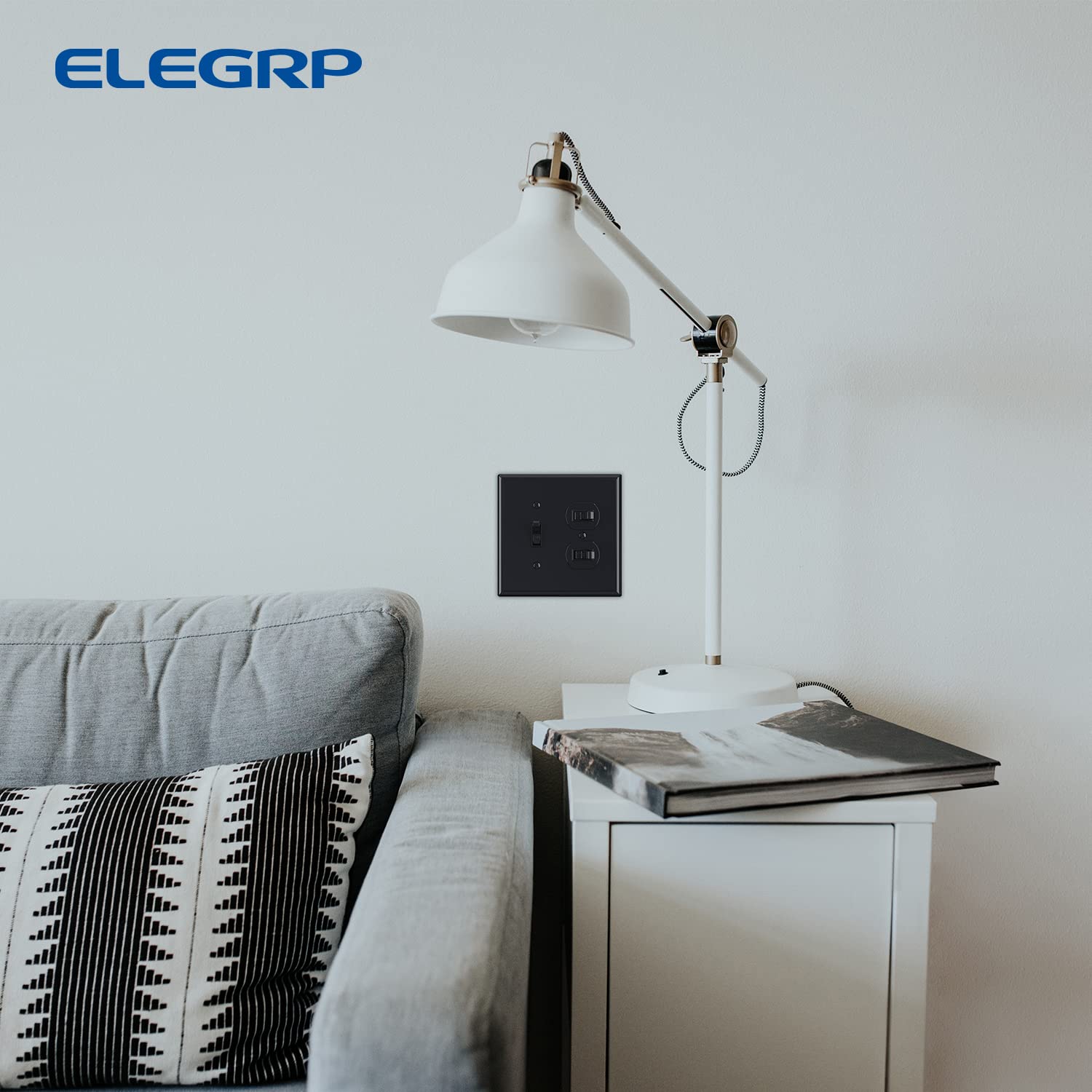 ELEGRP 1-Toggle Light Switch & 1-Duplex Outlet Wall Plate Cover, Mid-Size 4.88" x 4.94", Unbreakable Thermoplastic, Gloss Finish, UL Listed