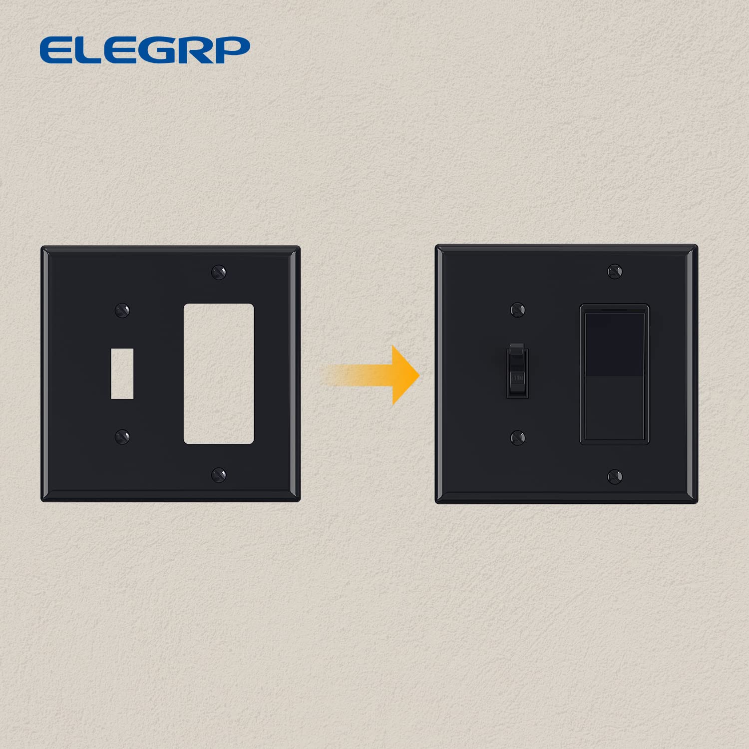 ELEGRP 2-Gang Wall Plate, 1-Toggle Light Switch & 1-Decorator/GFCI Outlet, Mid-Size 4.88" x 4.94", Unbreakable Thermoplastic, UL Listed