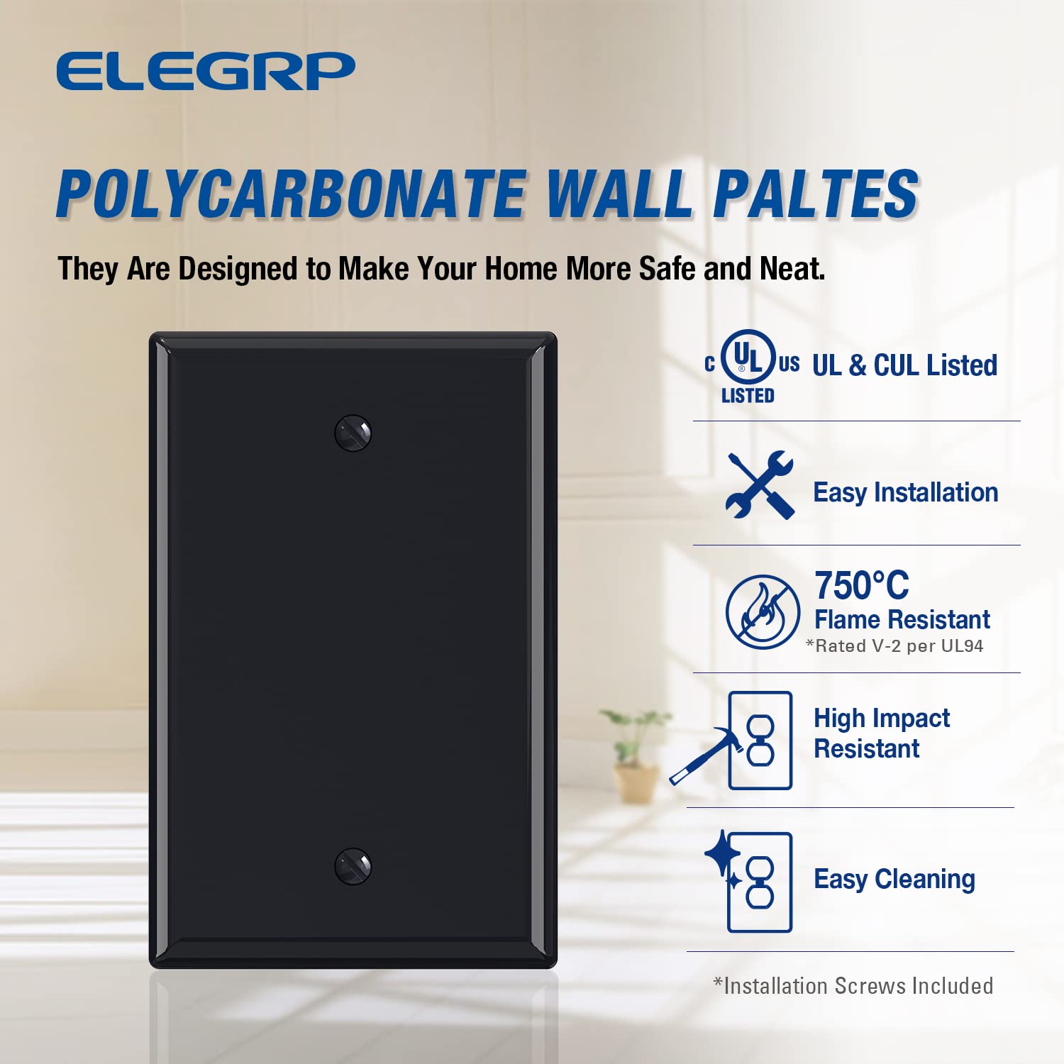 ELEGRP Blank Wall Plate Cover, Durable Polycarbonate, Glossy Finish, Easy Installation, 1-Gang & 2-Gang, UL Listed