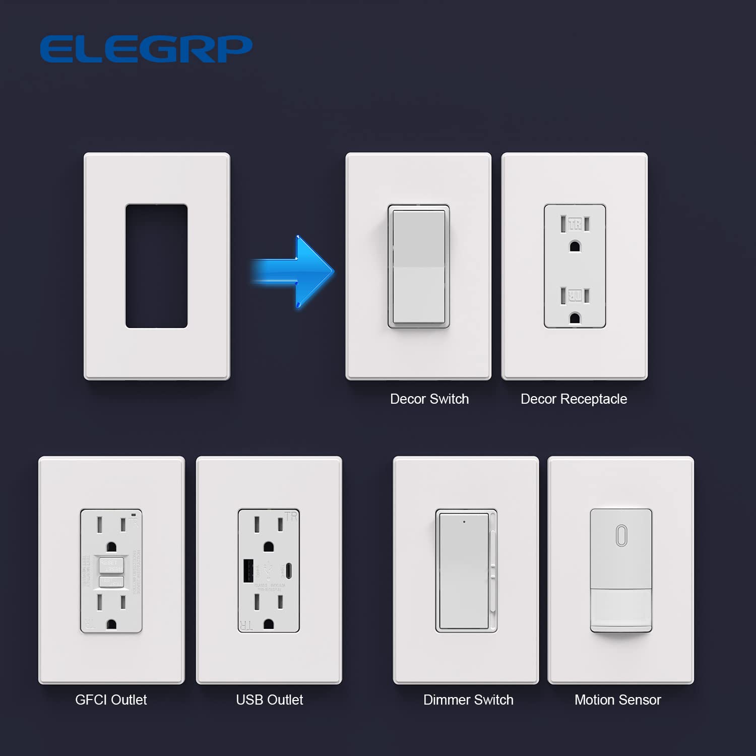 ELEGRP Screwless Decorative Receptacle Wall Plate Covers, Matte Finish, 1-Gang, 2-Gang, 3-Gang , Unbreakable Thermoplastic