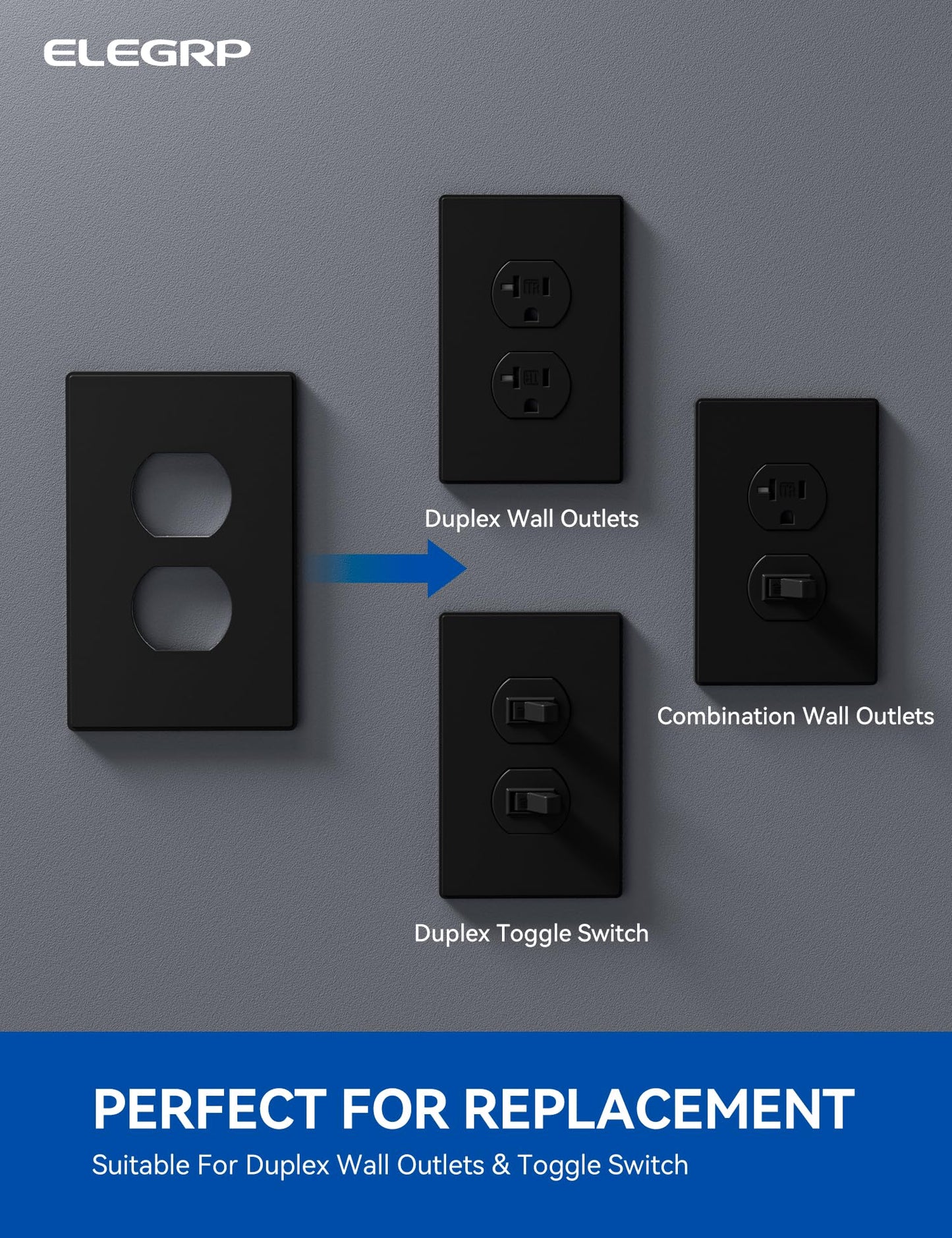 ELEGRP 1-Gang Screwless Duplex Wall Plates, Mid-Size, Unbreakable Thermoplastic Faceplate Cover for Duplex & Toggle Switches, UL Listed