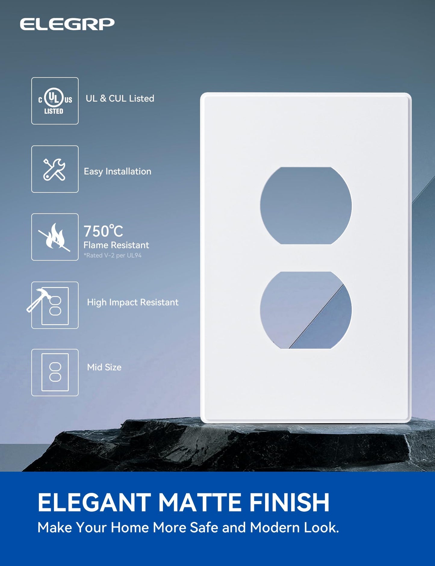 ELEGRP 1-Gang Screwless Duplex Wall Plates, Mid-Size, Unbreakable Thermoplastic Faceplate Cover for Duplex & Toggle Switches, UL Listed