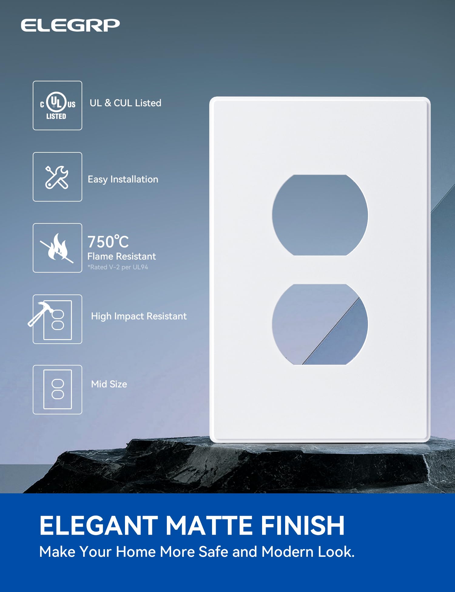 ELEGRP  1-Gang Screwless Duplex Wall Plates, Mid-Size, Unbreakable Thermoplastic Faceplate Cover for Duplex & Toggle Switches, UL Listed