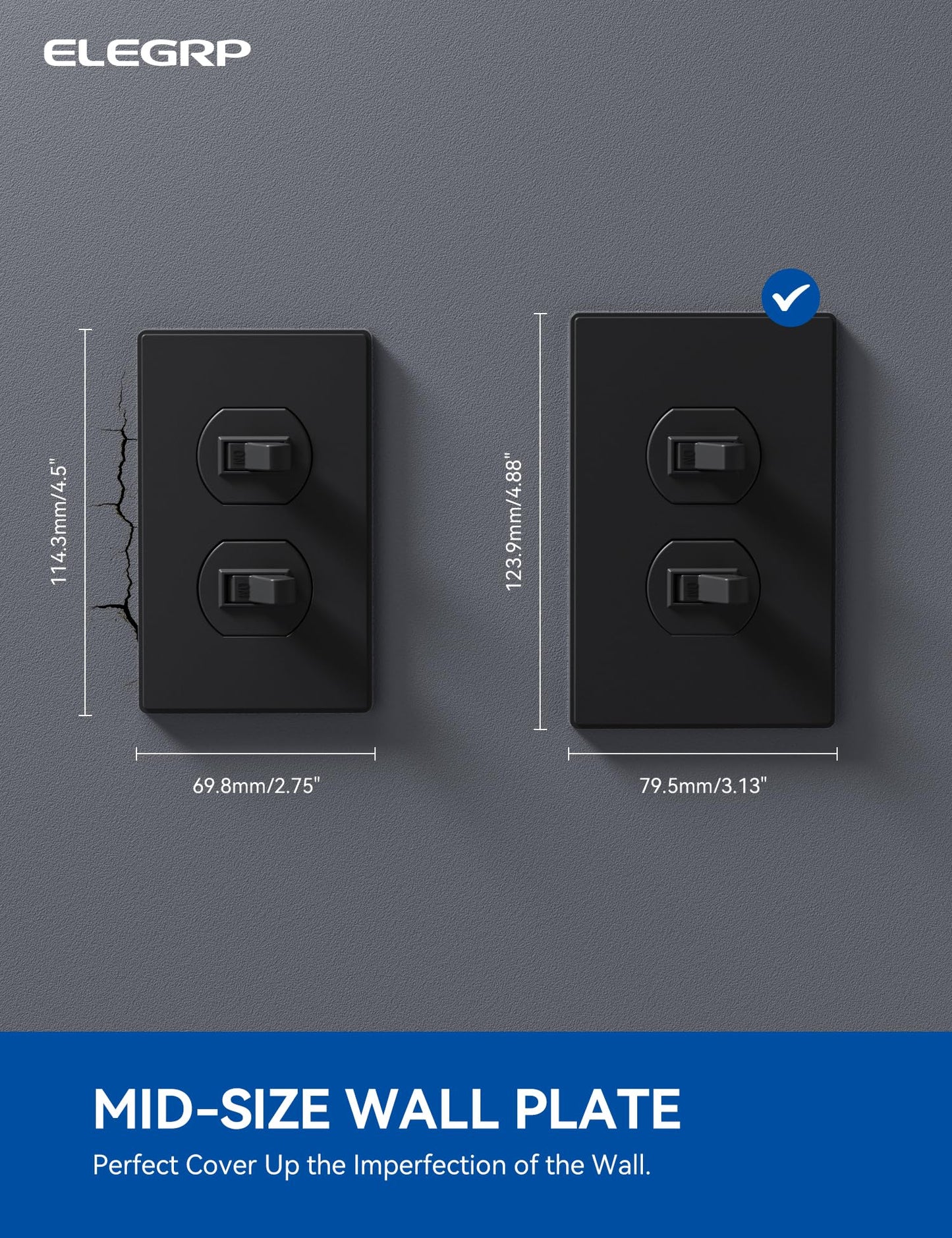ELEGRP 1-Gang Screwless Duplex Wall Plates, Mid-Size, Unbreakable Thermoplastic Faceplate Cover for Duplex & Toggle Switches, UL Listed