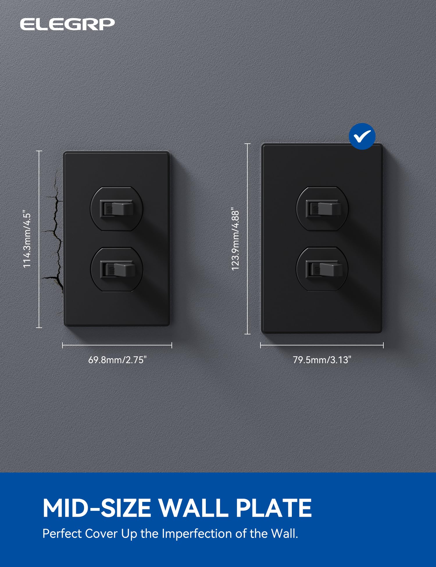 ELEGRP  1-Gang Screwless Duplex Wall Plates, Mid-Size, Unbreakable Thermoplastic Faceplate Cover for Duplex & Toggle Switches, UL Listed