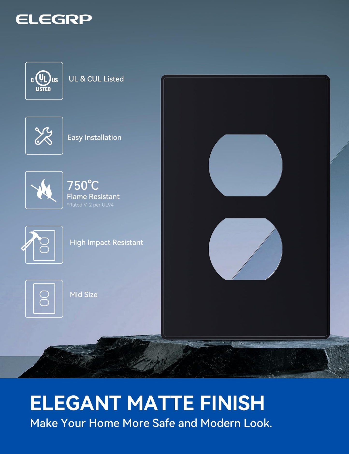 ELEGRP 1-Gang Screwless Duplex Wall Plates, Mid-Size, Unbreakable Thermoplastic Faceplate Cover for Duplex & Toggle Switches, UL Listed