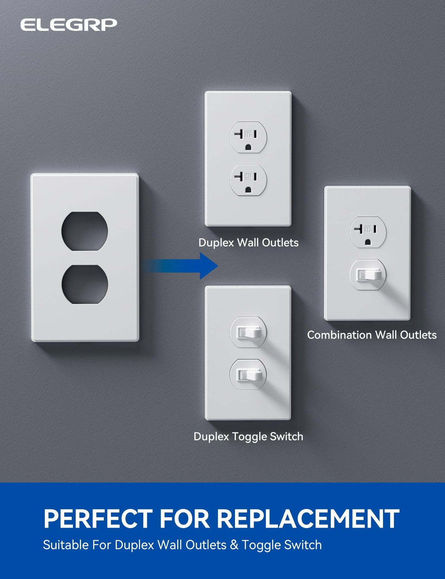 ELEGRP 1-Gang Screwless Duplex Wall Plates, Mid-Size, Unbreakable Thermoplastic Faceplate Cover for Duplex & Toggle Switches, UL Listed