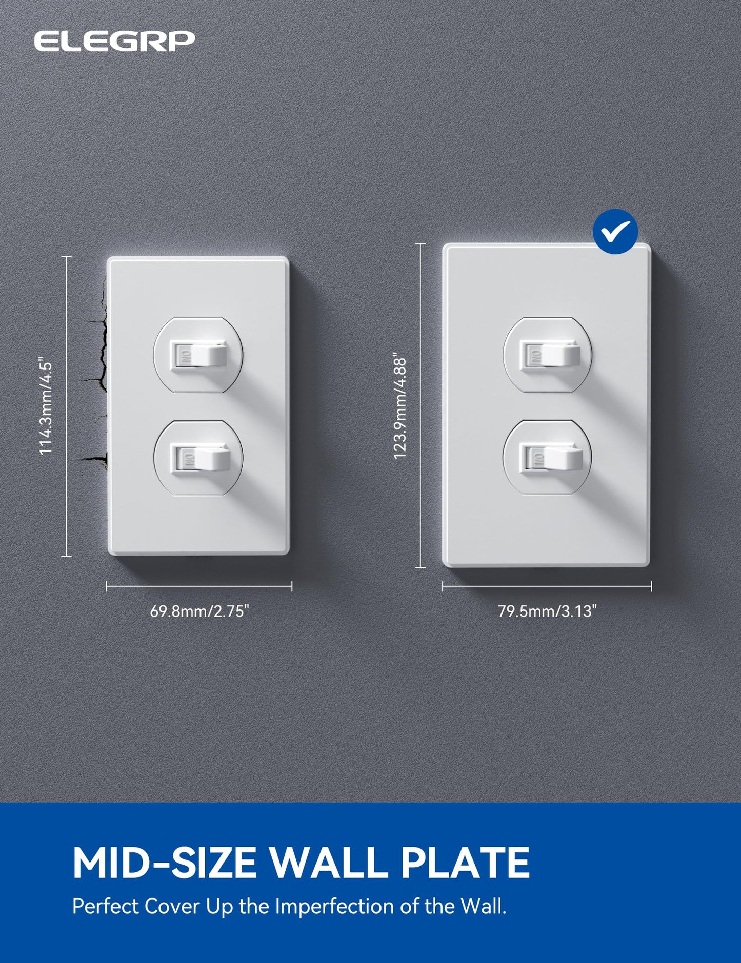 ELEGRP 1-Gang Screwless Duplex Wall Plates, Mid-Size, Unbreakable Thermoplastic Faceplate Cover for Duplex & Toggle Switches, UL Listed