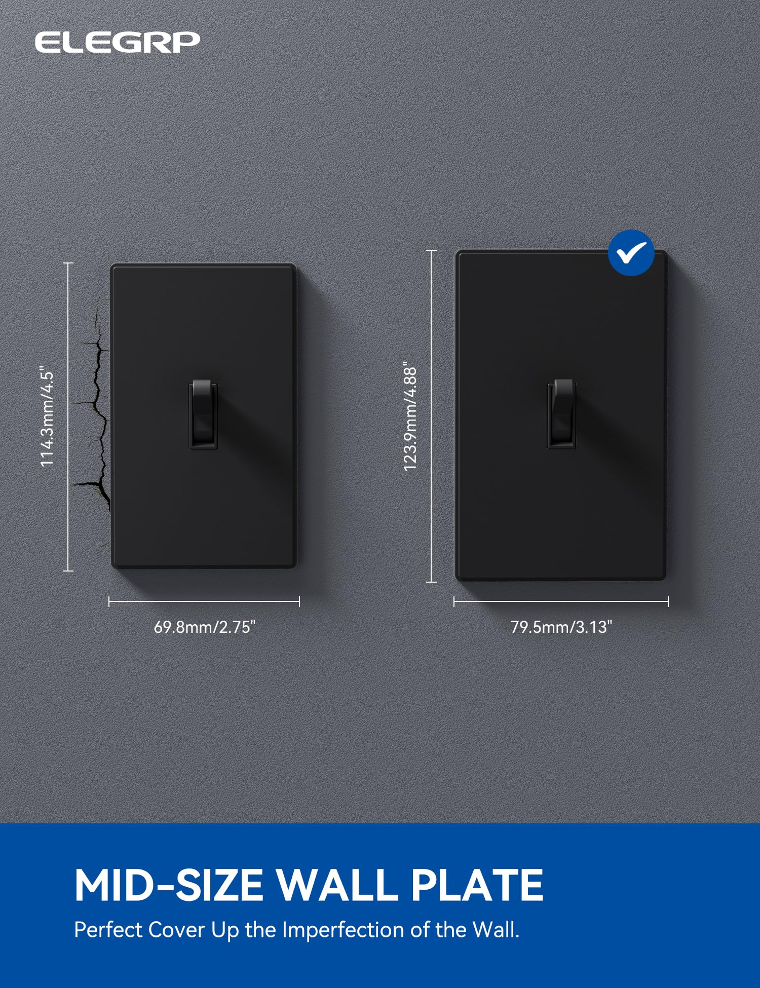ELEGRP 1-Gang Screwless Toggle Wall Plates , Mid-Size, Unbreakable Thermoplastic, Matte Finish, UL Listed