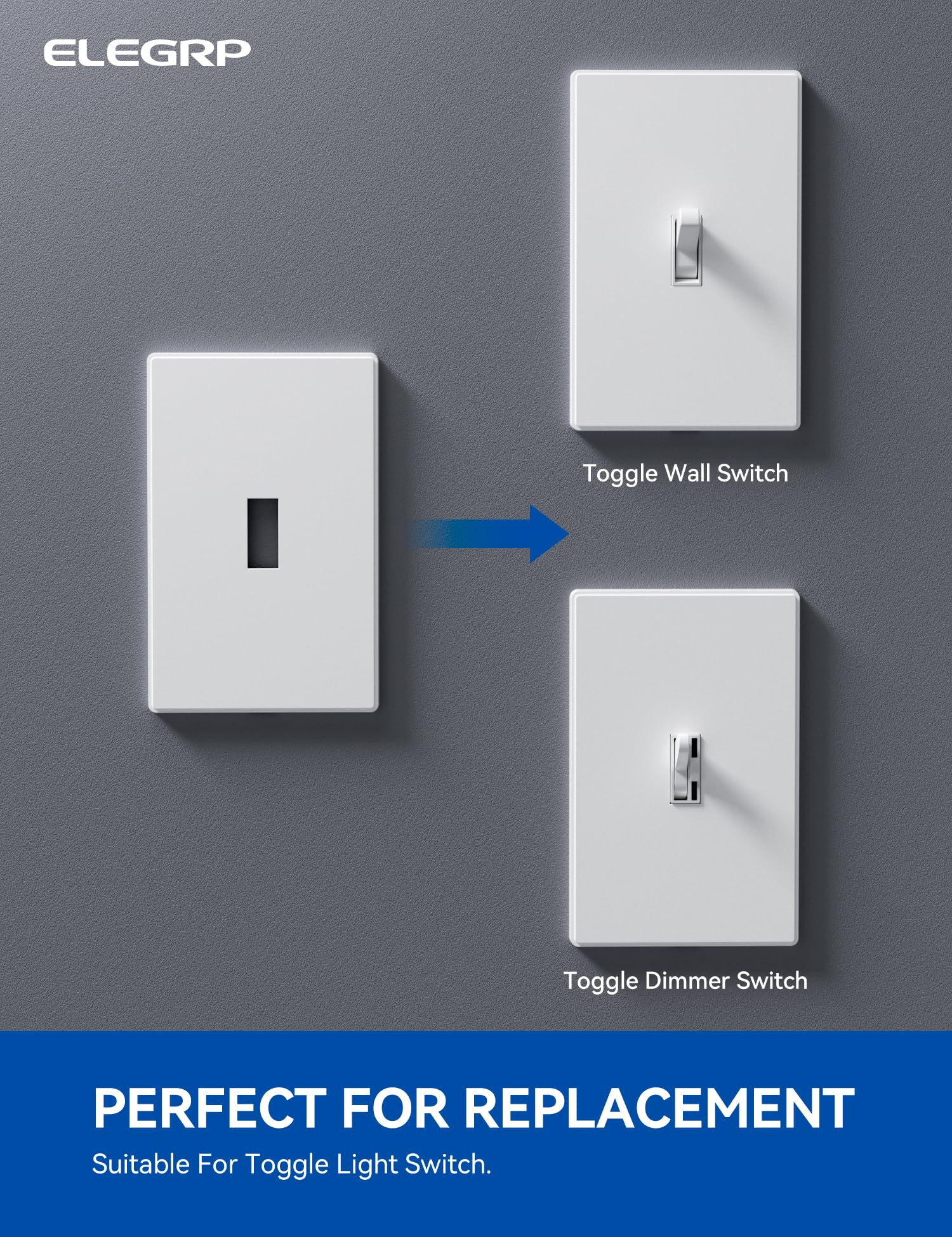 ELEGRP 1-Gang Screwless Toggle Wall Plates , Mid-Size, Unbreakable Thermoplastic, Matte Finish, UL Listed