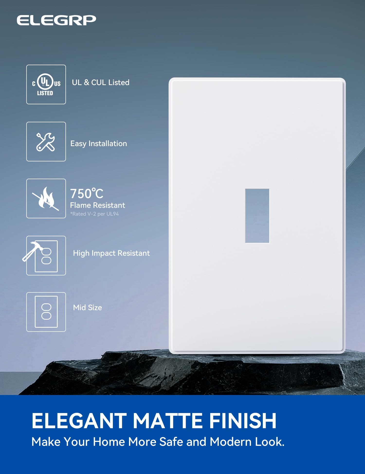 ELEGRP 1-Gang Screwless Toggle Wall Plates , Mid-Size, Unbreakable Thermoplastic, Matte Finish, UL Listed