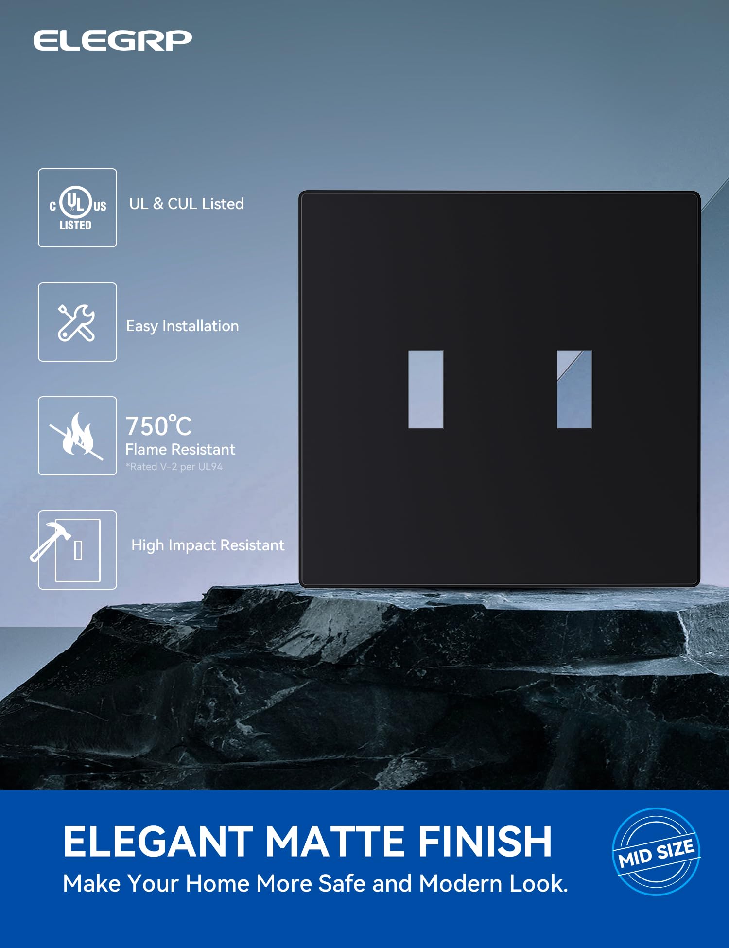 ELEGRP  2-Gang Screwless Toggle Wall Plates, Mid-Size, Unbreakable Thermoplastic Faceplate Cover for Toggle Switches & Dimmer Switches, UL Listed