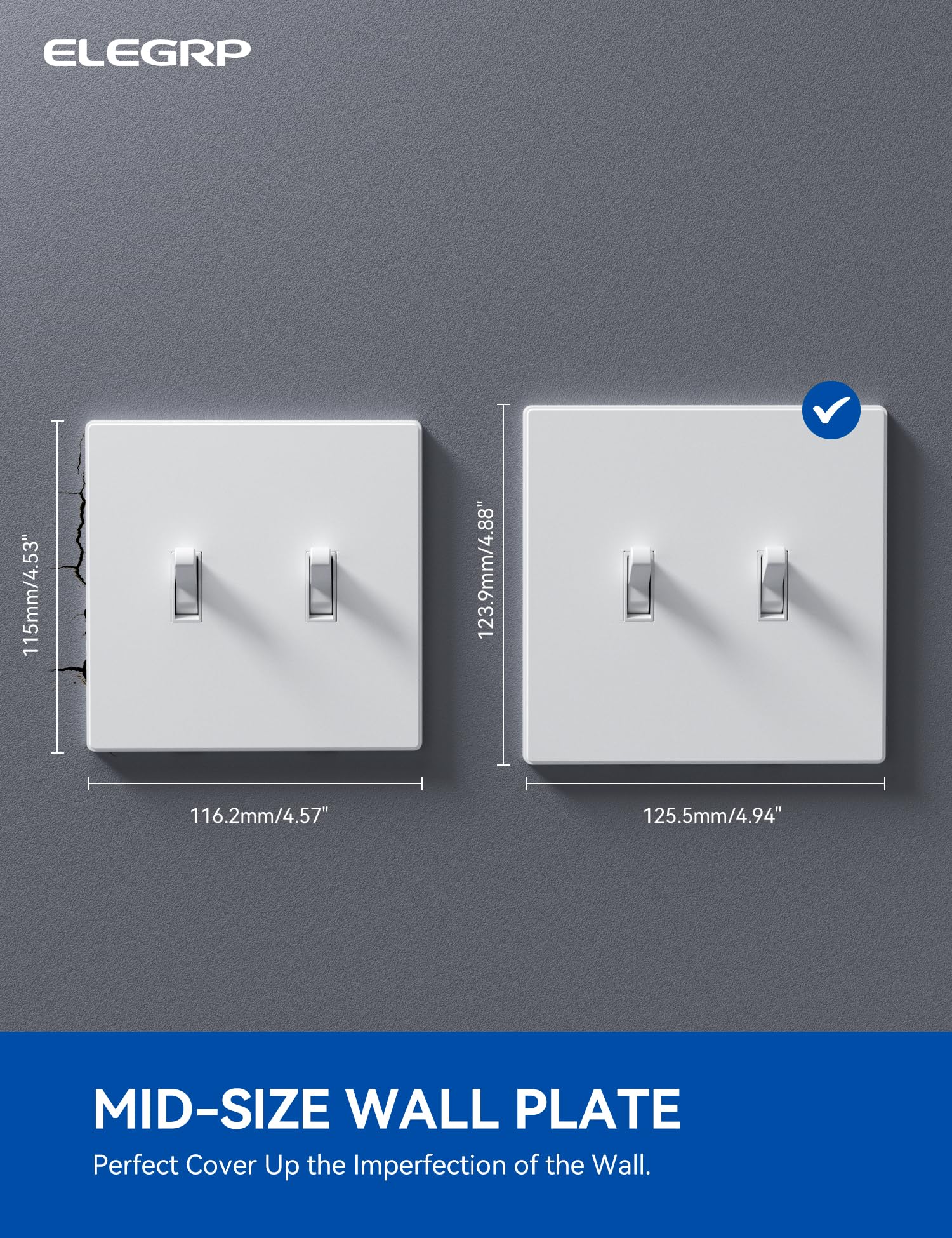 ELEGRP  2-Gang Screwless Toggle Wall Plates, Mid-Size, Unbreakable Thermoplastic Faceplate Cover for Toggle Switches & Dimmer Switches, UL Listed