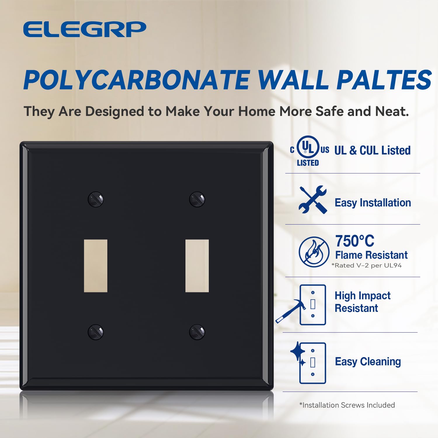 ELEGRP Toggle Light Switch Wall Plate, 1-Gang & 2-Gang Standard Size, Unbreakable Thermoplastic Covers, 5 Pack, Black/White