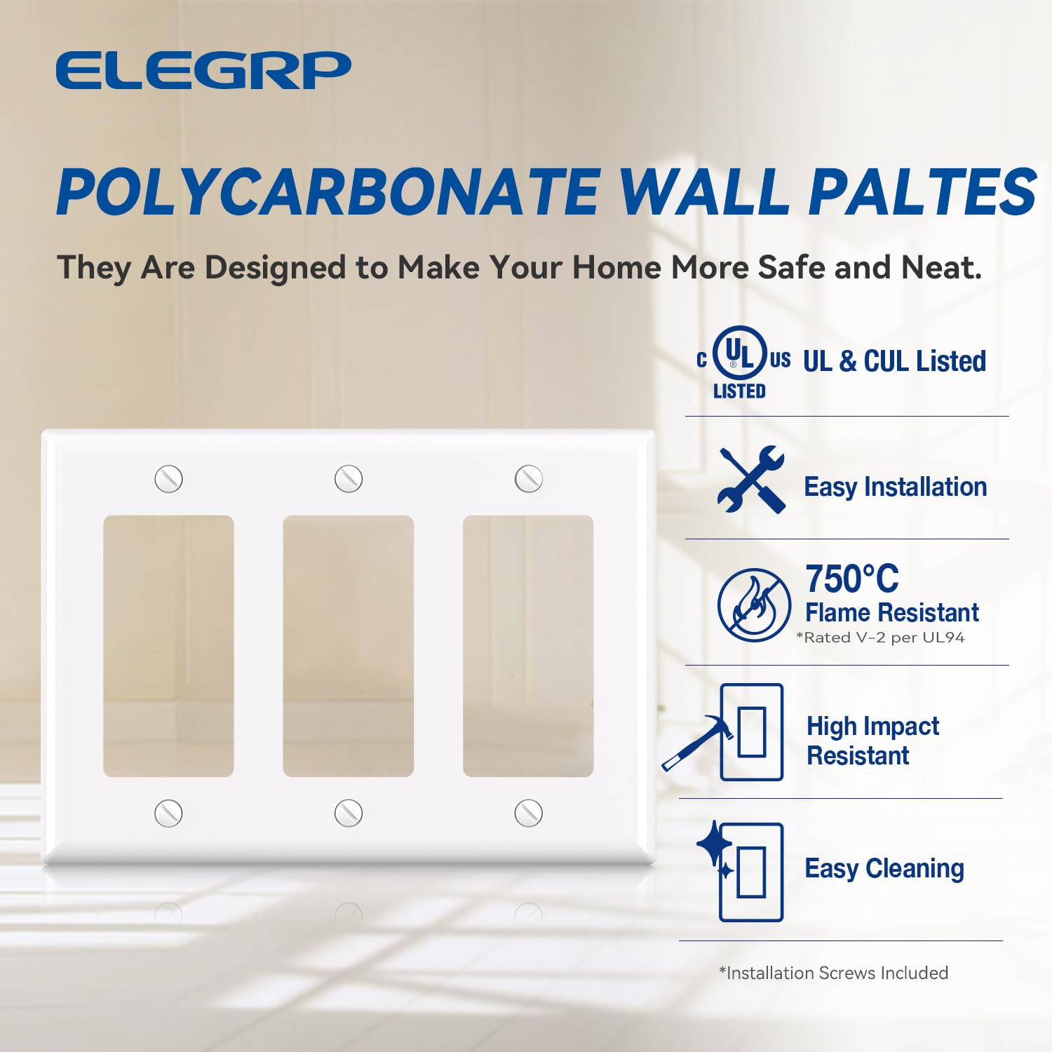 ELEGRP Decorative Wall Plates , 1-Gang, 2-Gang, 3-Gang, Screwless Design, Unbreakable Thermoplastic