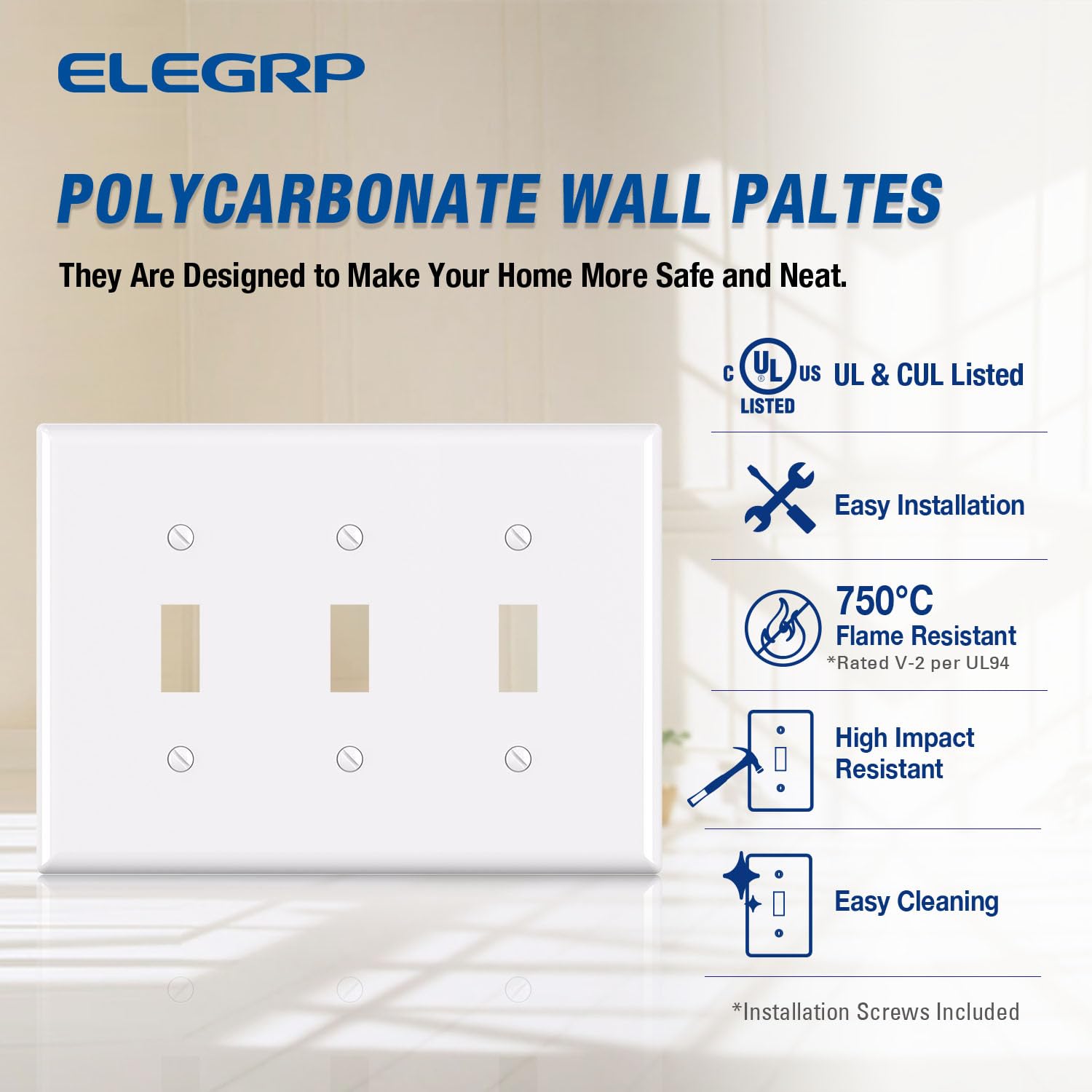 ELEGRP 3-Gang Toggle Switch Wall Plate, Mid-Size, Unbreakable Thermoplastic Cover for Toggle and Dimmer Switches, UL Listed