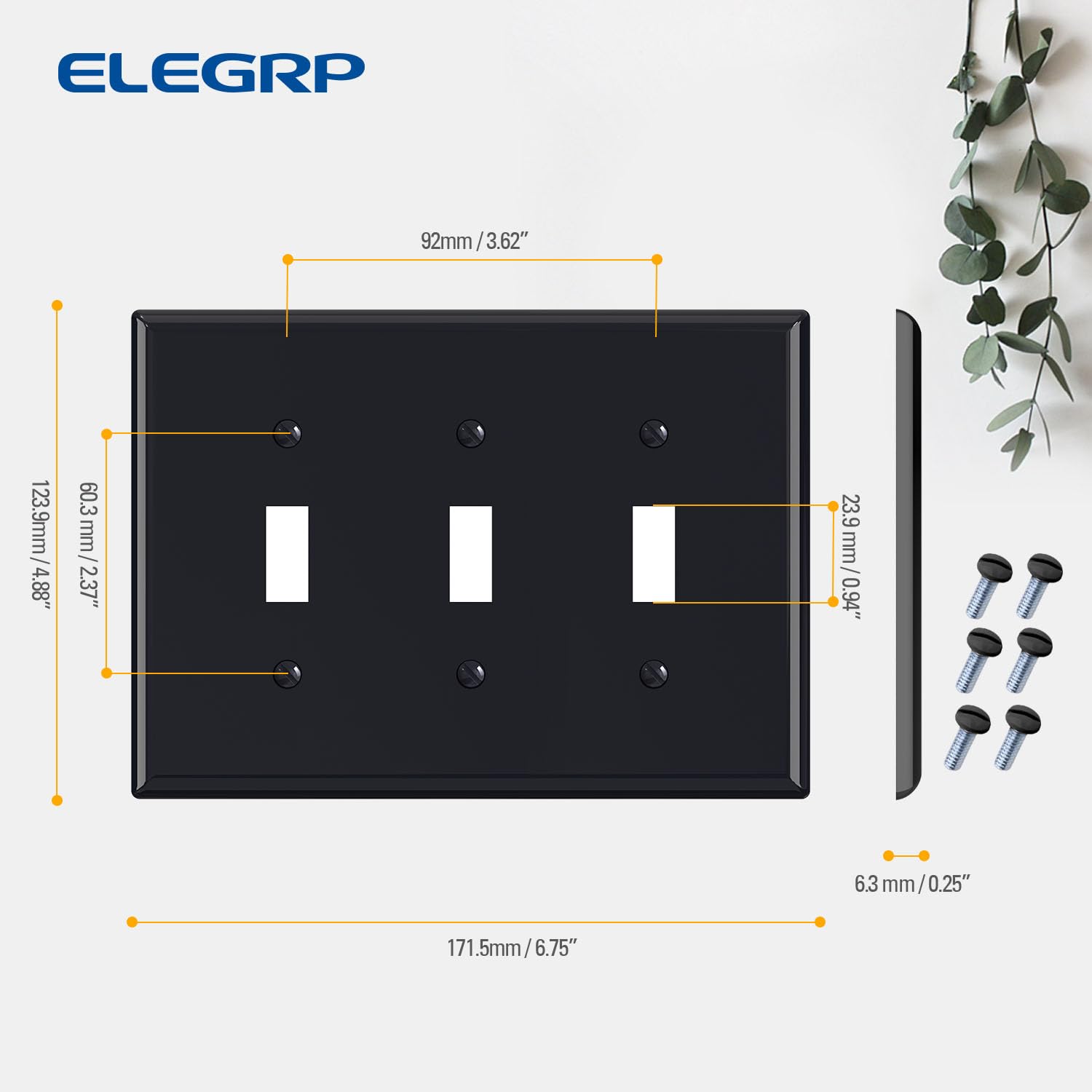 ELEGRP 3-Gang Toggle Switch Wall Plate, Mid-Size, Unbreakable Thermoplastic Cover for Toggle and Dimmer Switches, UL Listed