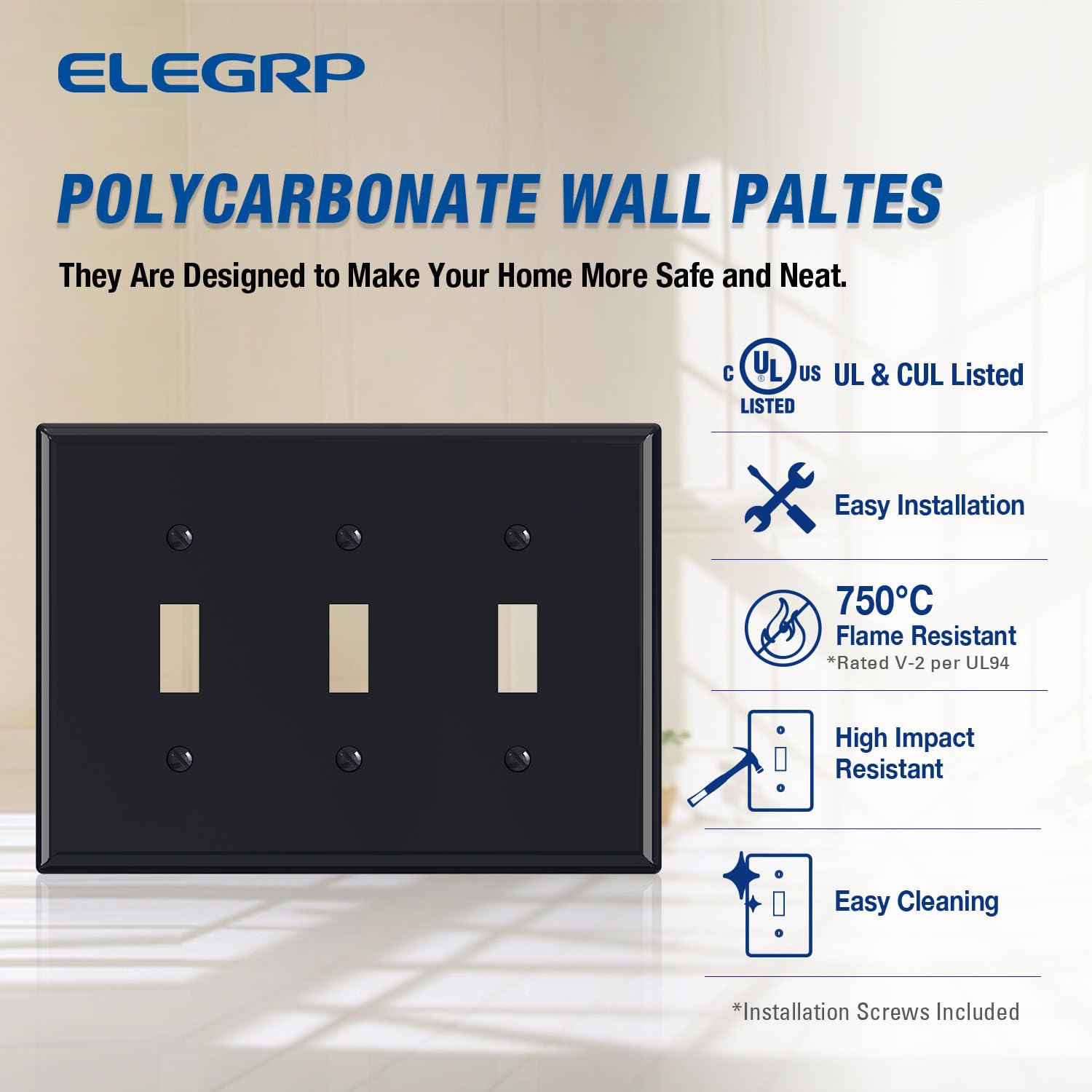 ELEGRP 3-Gang Toggle Switch Wall Plate, Mid-Size, Unbreakable Thermoplastic Cover for Toggle and Dimmer Switches, UL Listed