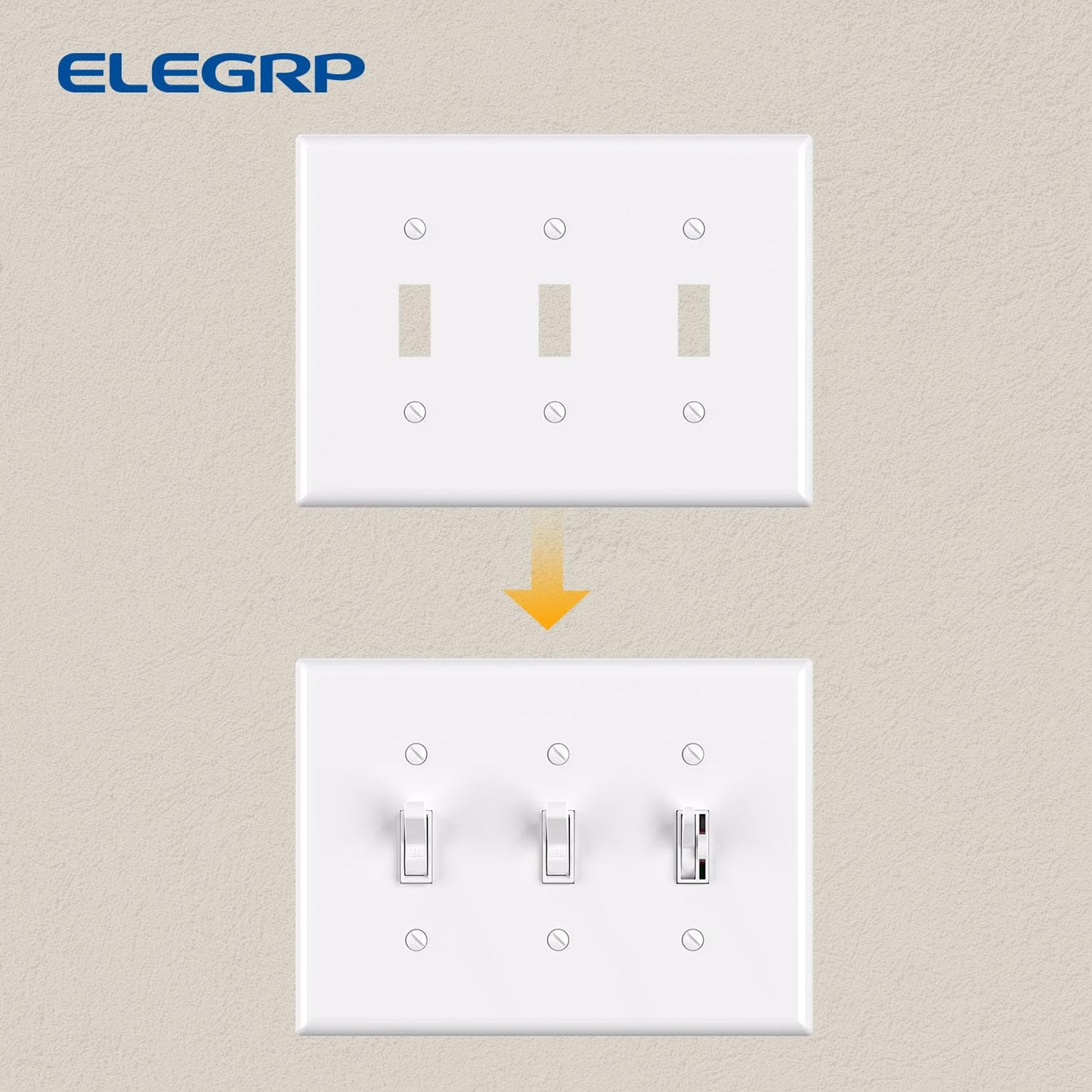 ELEGRP 3-Gang Toggle Switch Wall Plate, Mid-Size, Unbreakable Thermoplastic Cover for Toggle and Dimmer Switches, UL Listed
